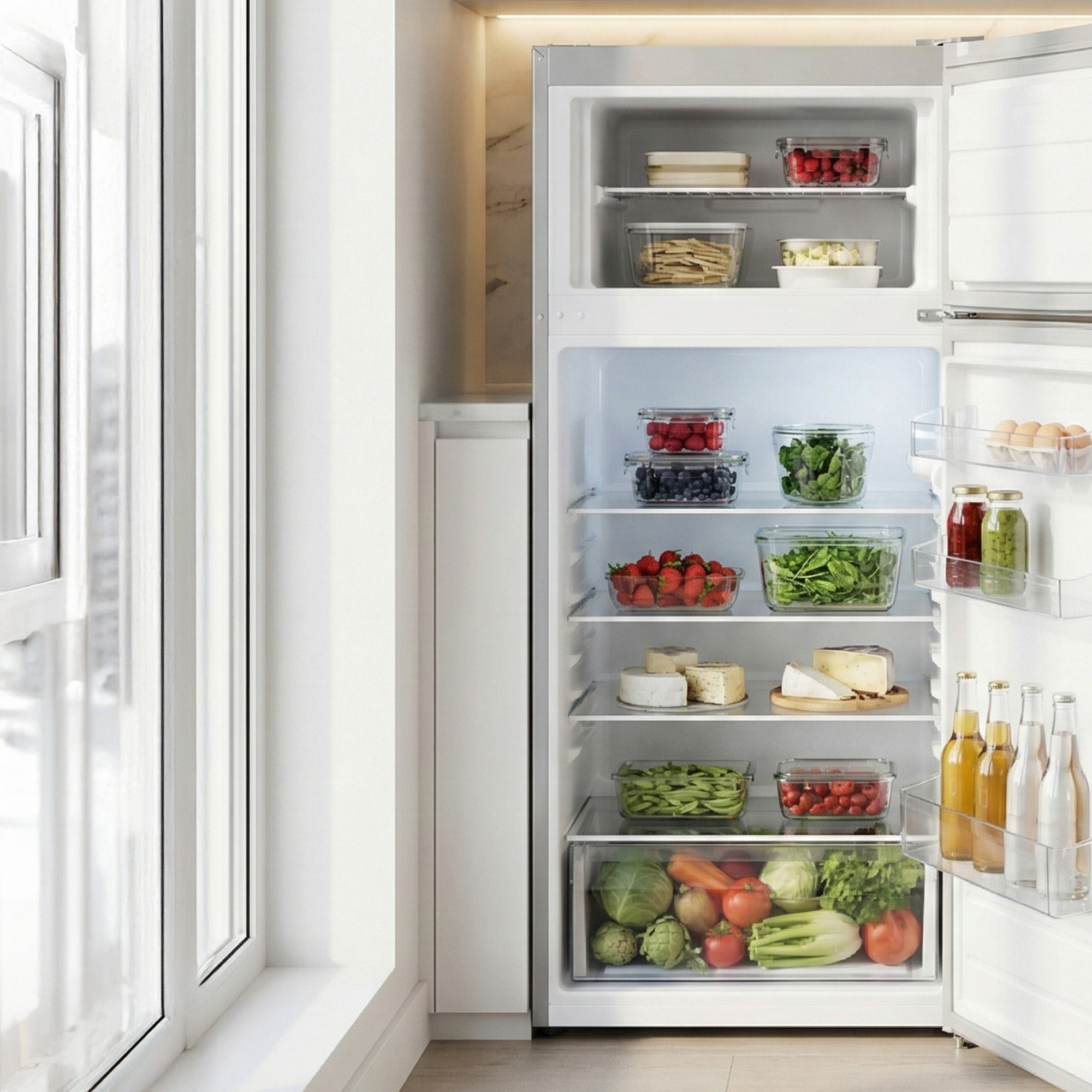 Un réfrigérateur ouvert rempli de fruits, légumes, fromage, œufs et boissons sur des étagères.