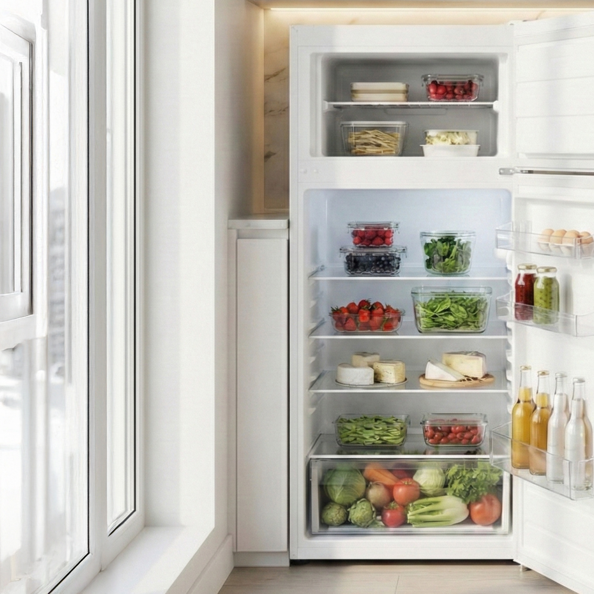 Un réfrigérateur ouvert rempli de fruits, légumes, fromage et boissons.