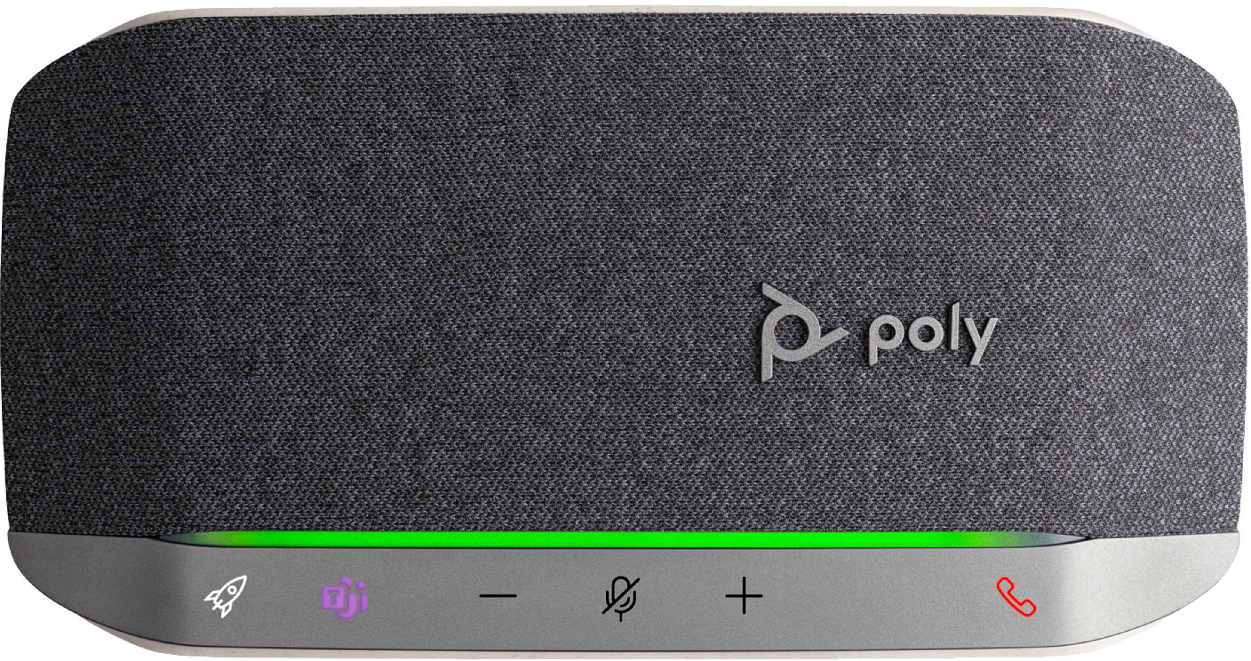 Altoparlante Poly grigio con controlli touch e barra luminosa LED verde.