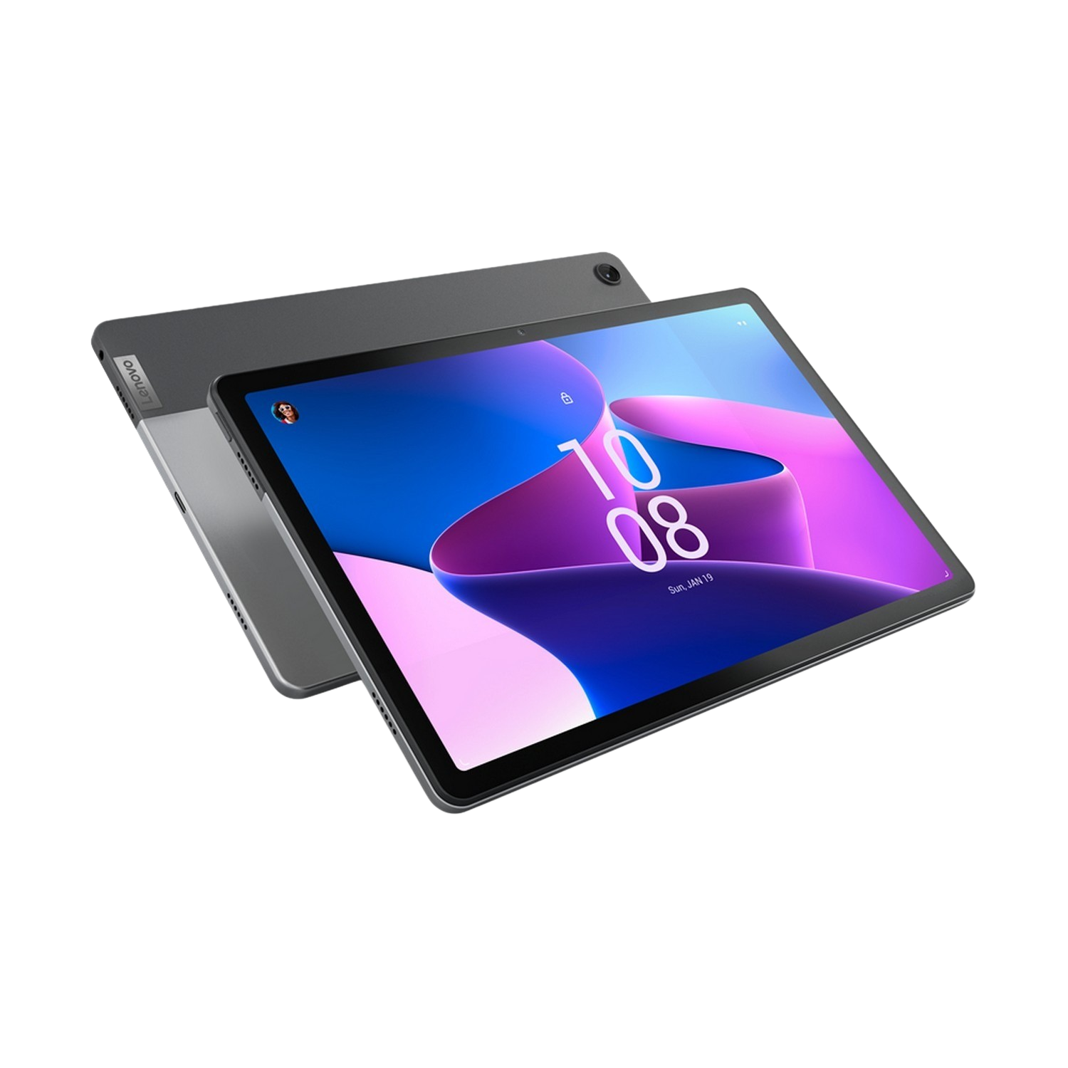 Szary tablet Lenovo z kolorowym ekranem blokady na czarnym tle.