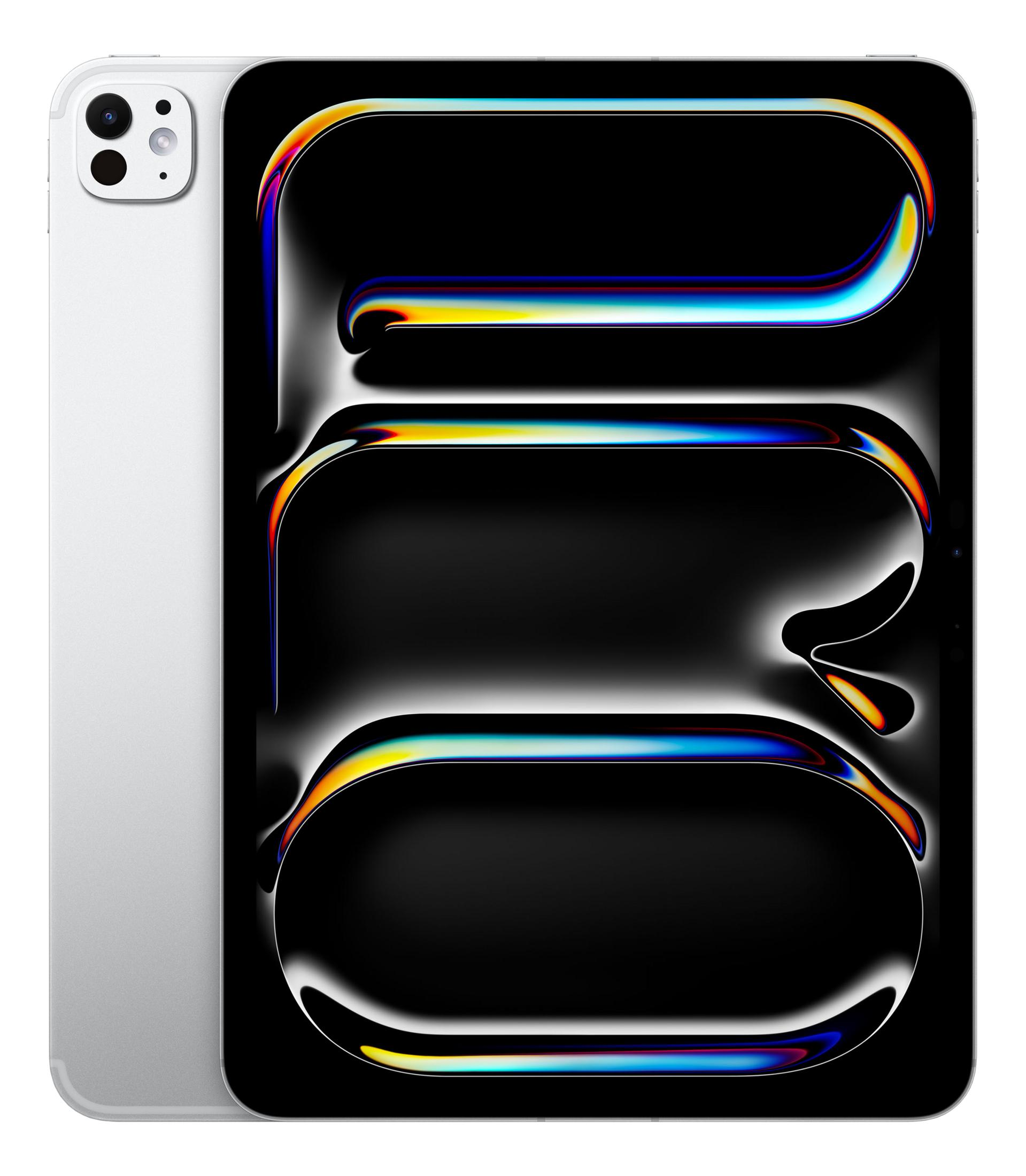 Biały tablet z abstrakcyjnym, kolorowym tłem na ekranie.