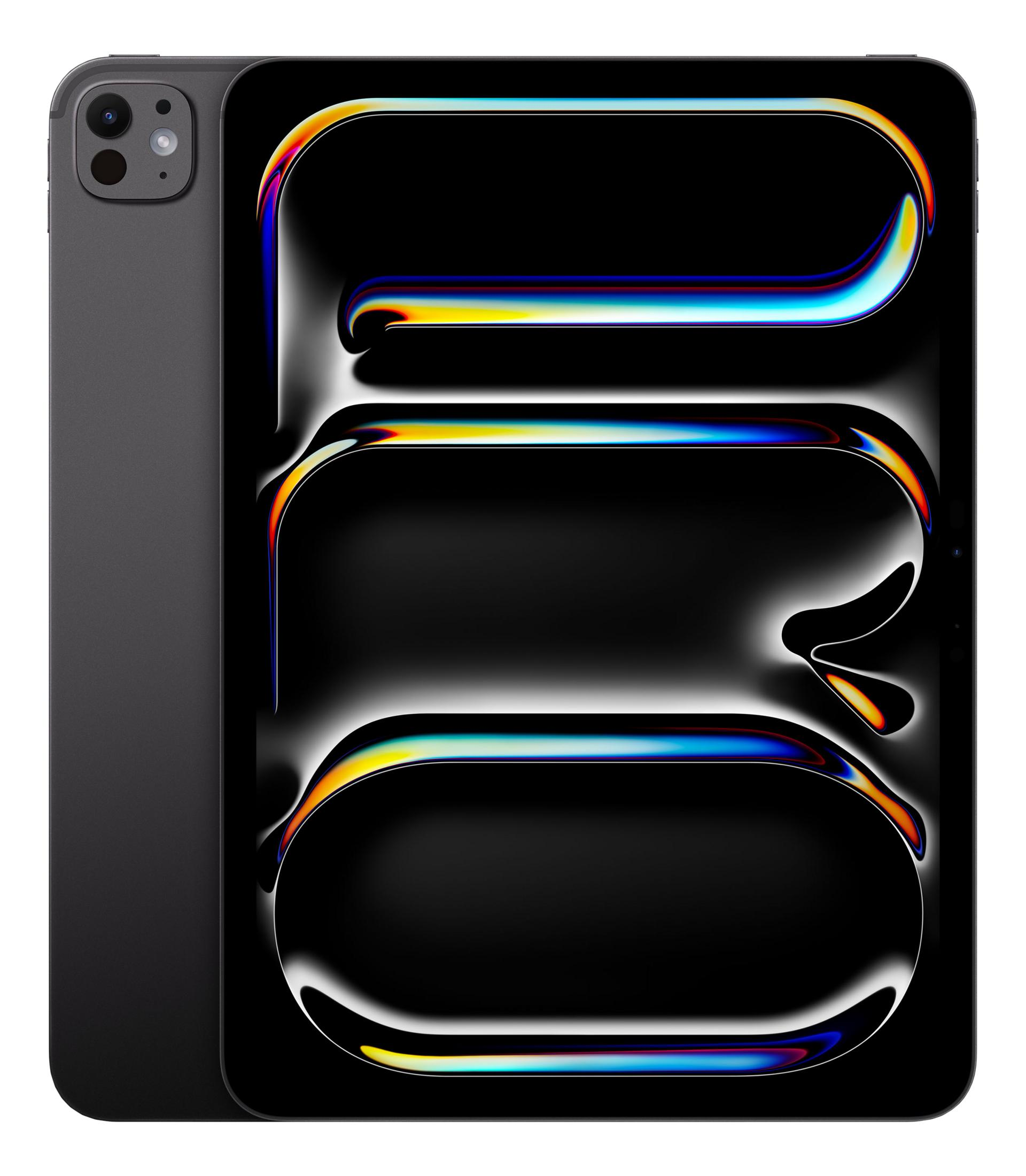 Ciemnoszary tablet z dwoma tylnymi aparatami i abstrakcyjną, kolorową tapetą.