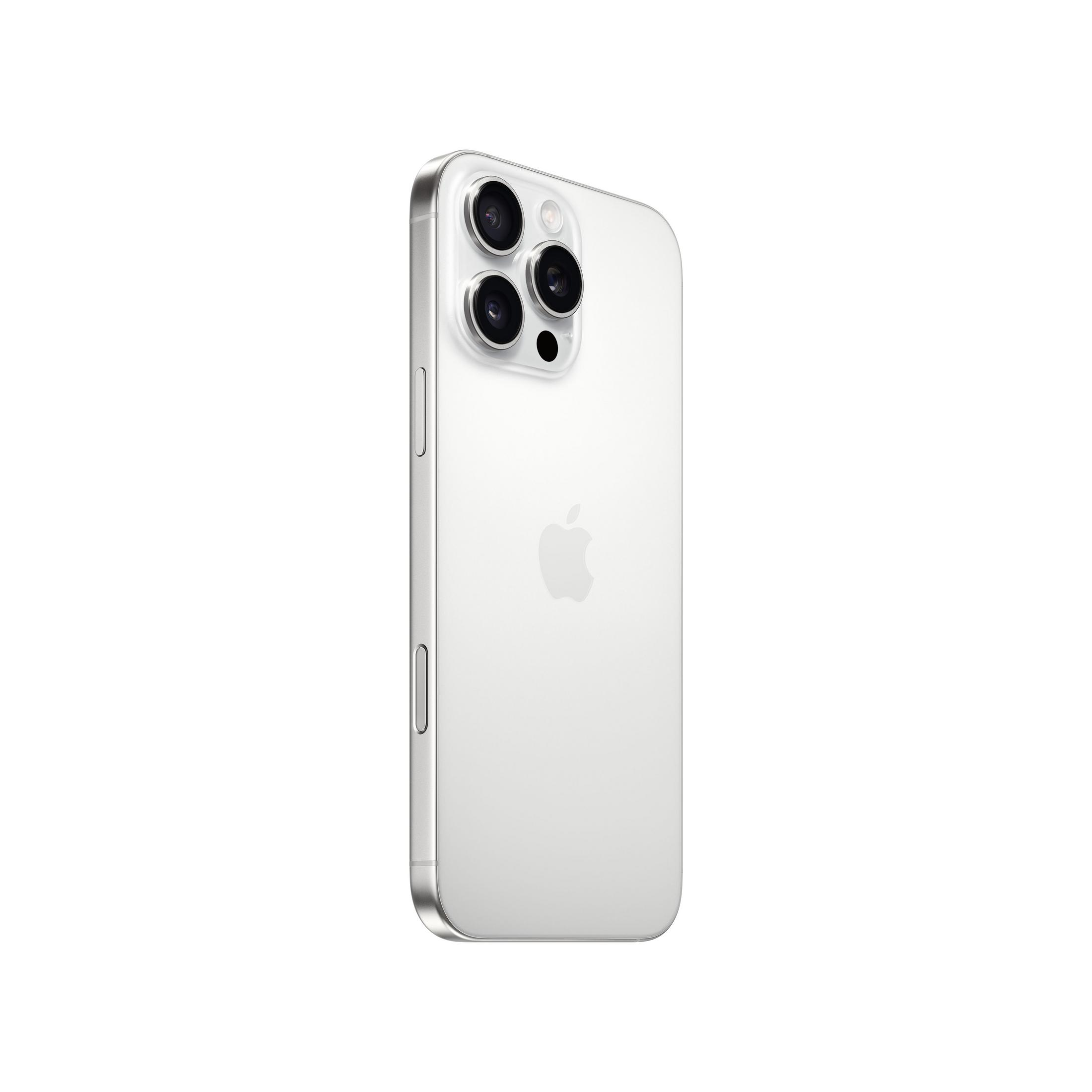 Un iPhone blanco con tres cámaras y borde plateado, sobre fondo blanco.