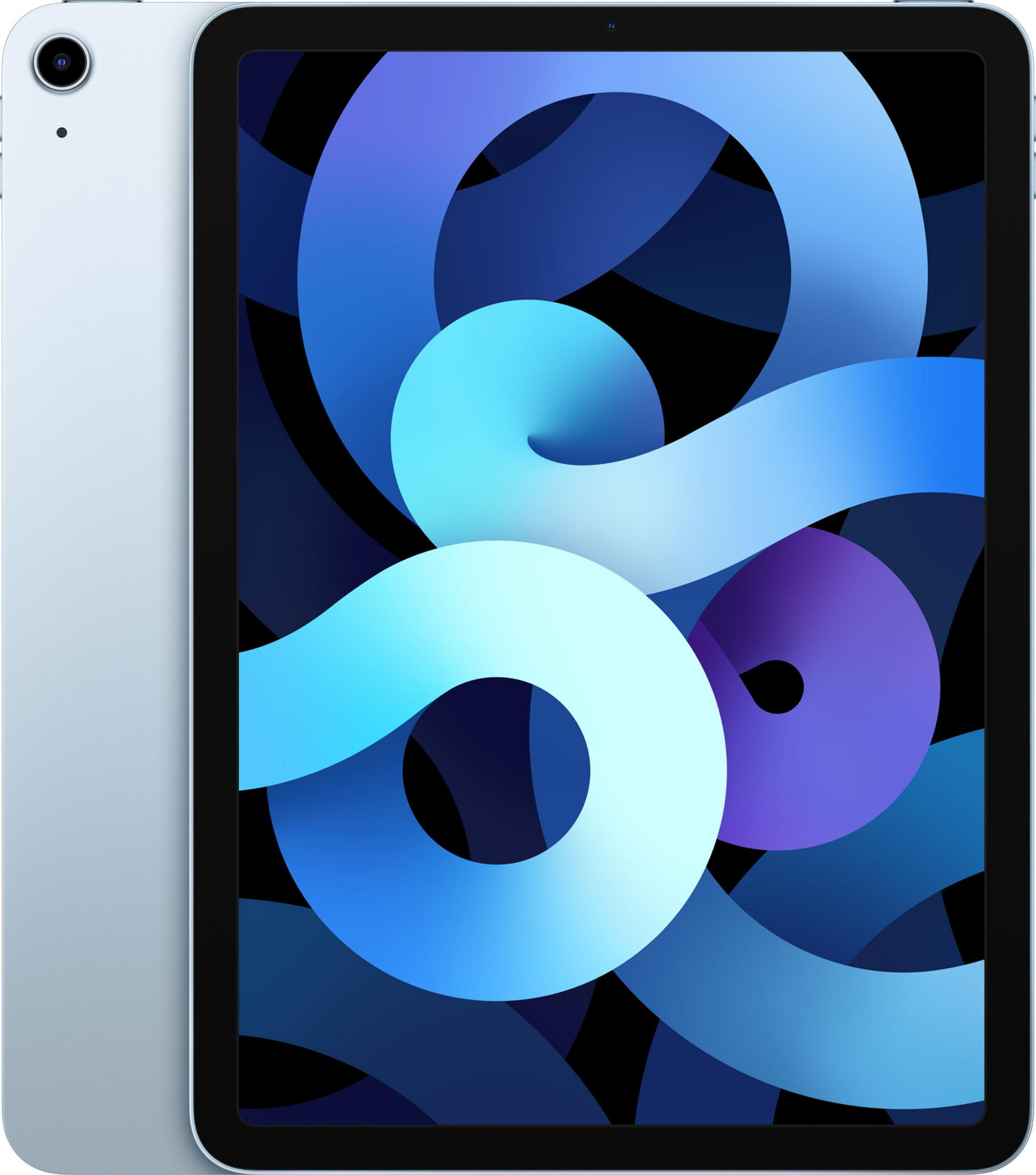 Een lichtblauwe tablet met een abstracte blauwe en paarse achtergrond.