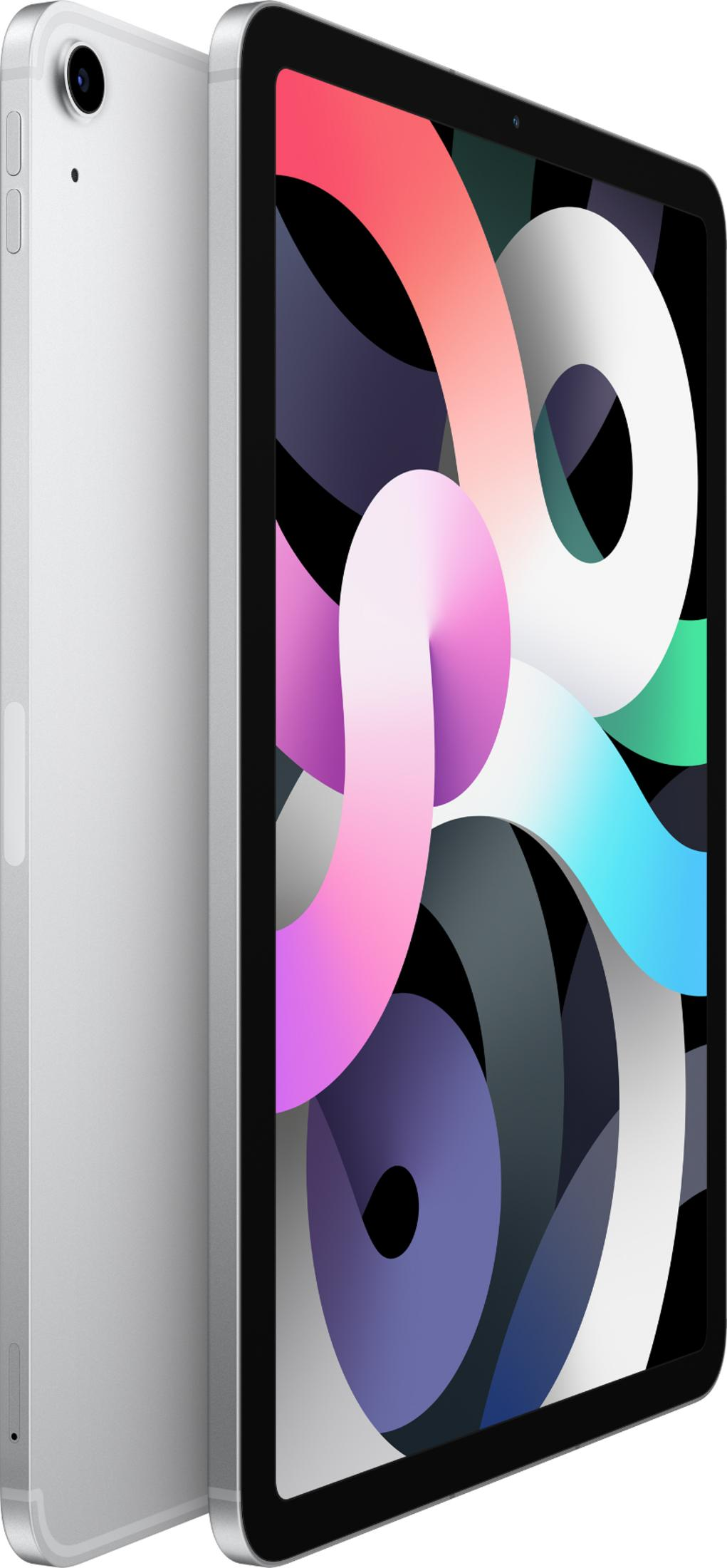 Een zilveren iPad Air toont een kleurrijke, abstracte achtergrond op het scherm.