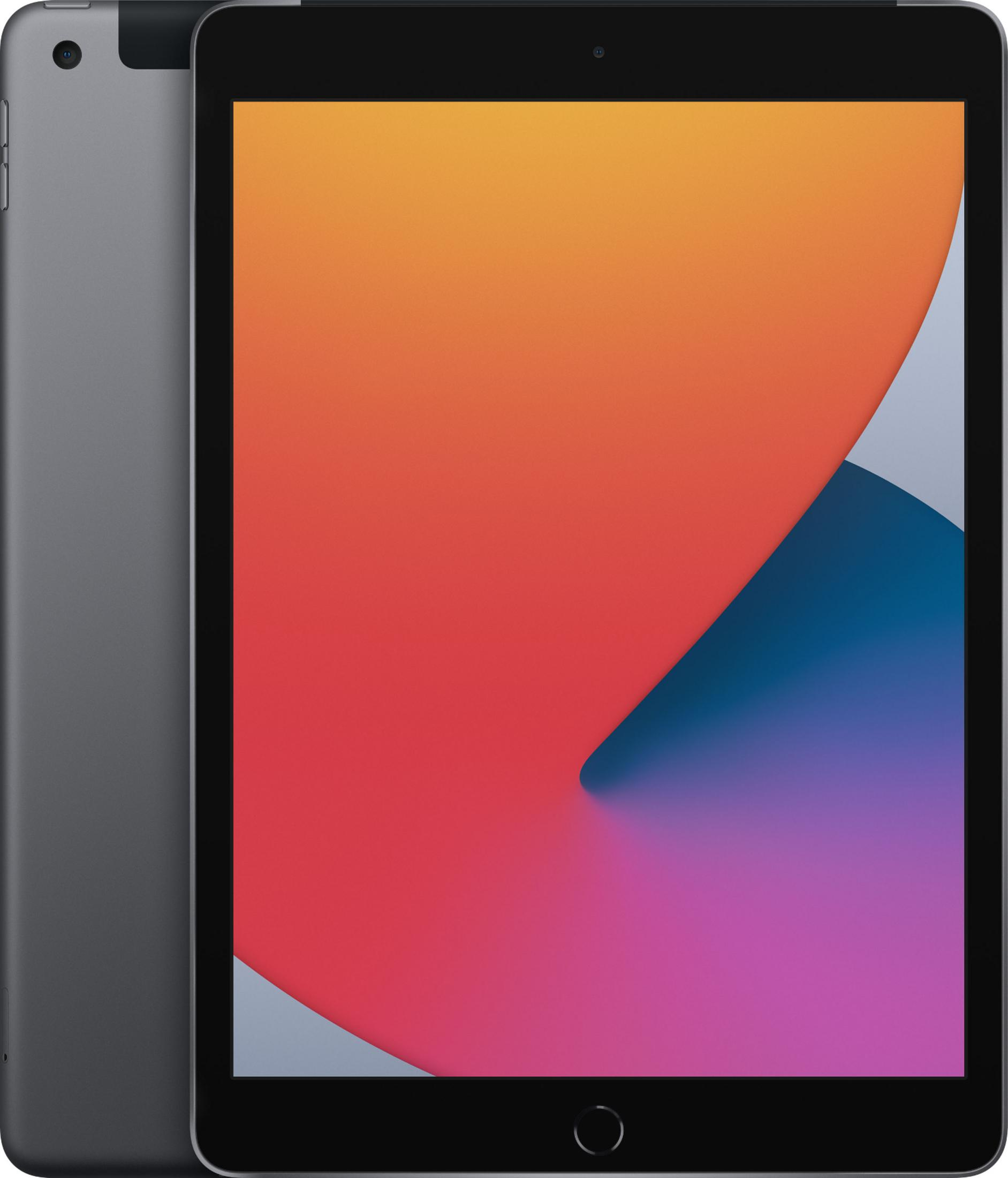 Een grijze tablet met kleurrijke achtergrond.