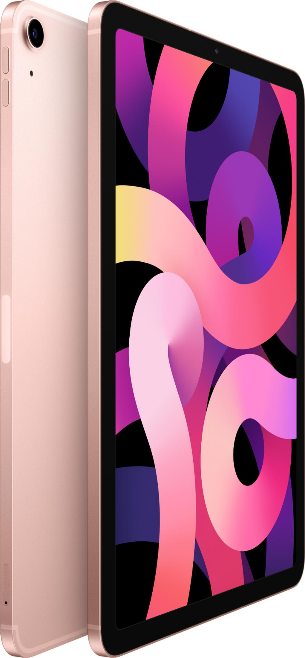 Een roségouden tablet met een kleurrijk, abstracte achtergrond.