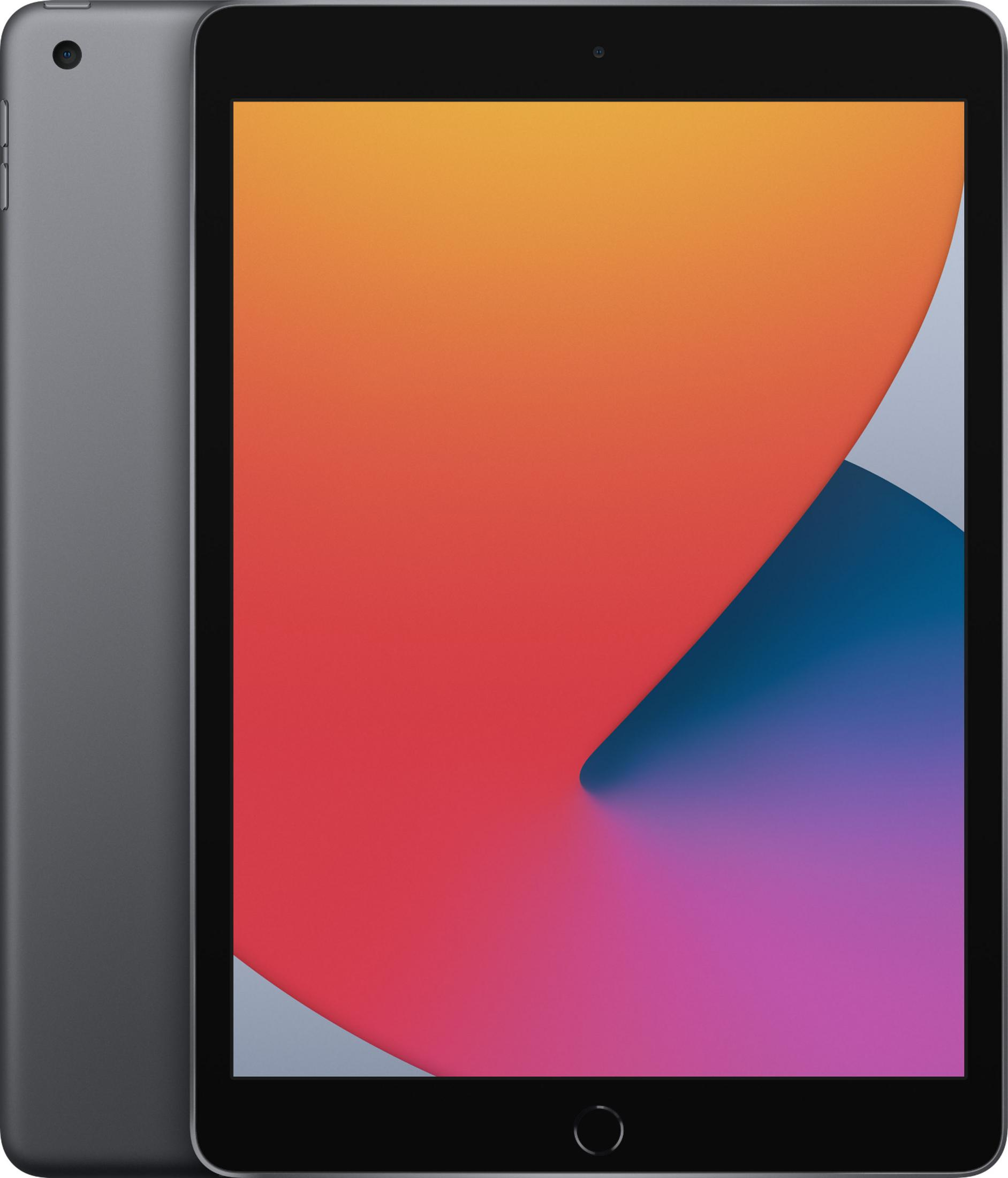 Tableta gris con pantalla colorida, naranja, azul y morado.