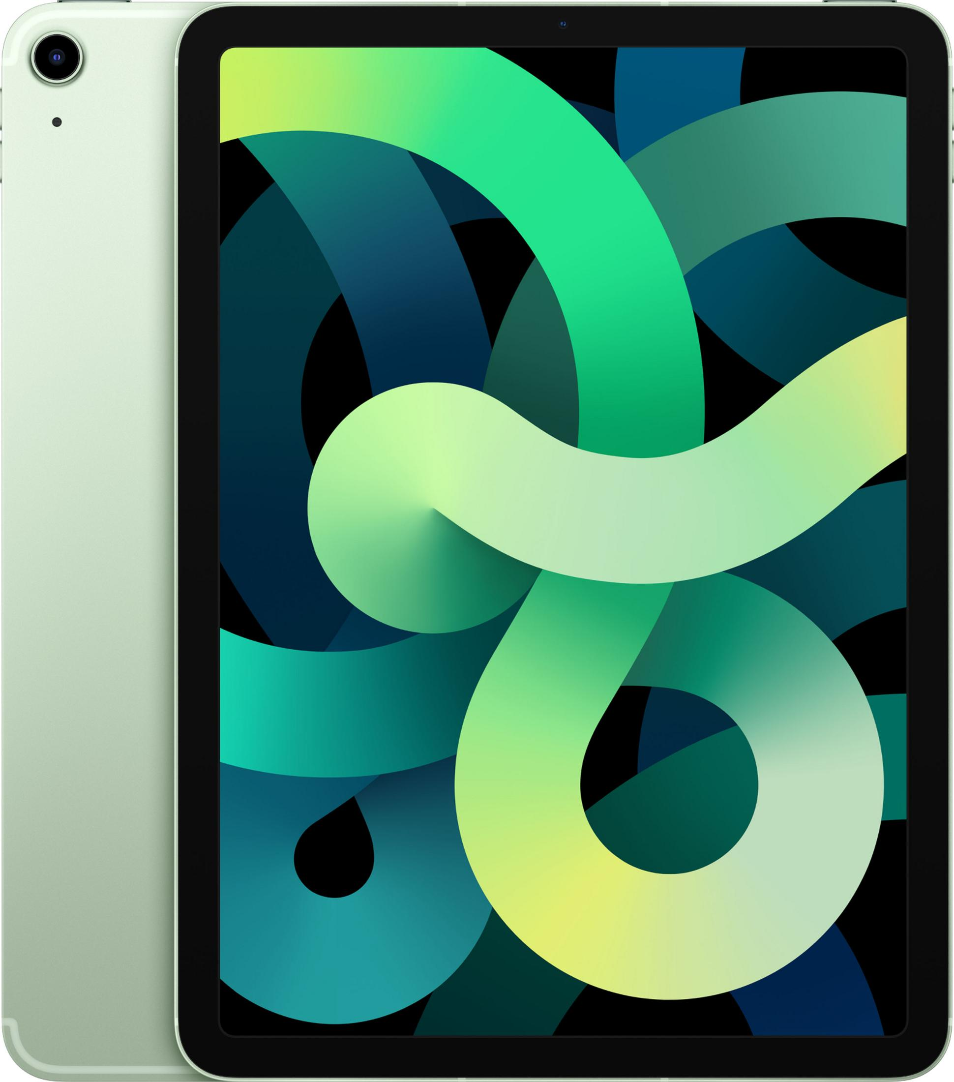 Een lichtgroene iPad Air met een abstracte groene achtergrond.
