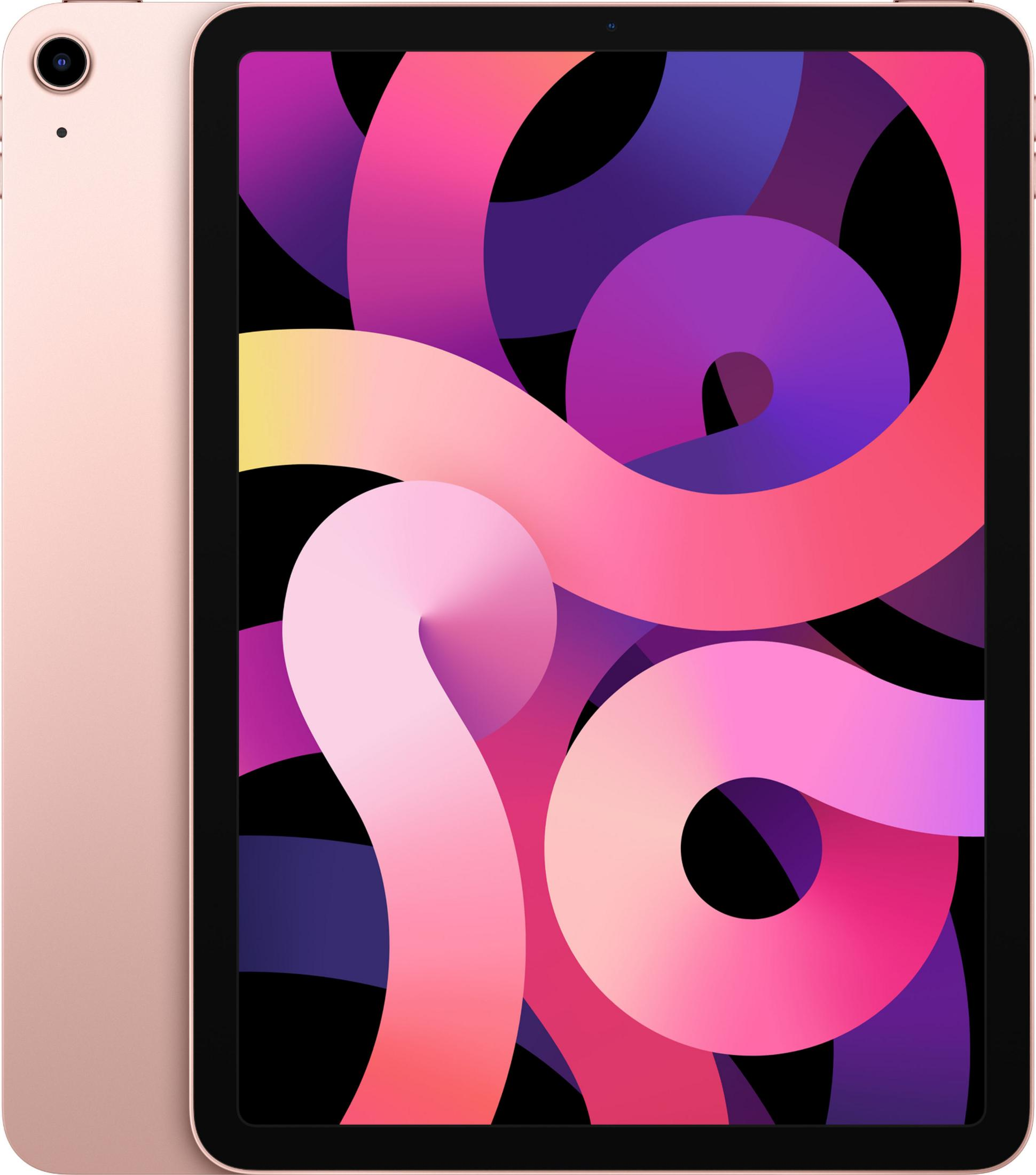 Een roségouden iPad Air met een kleurrijke abstracte achtergrond.