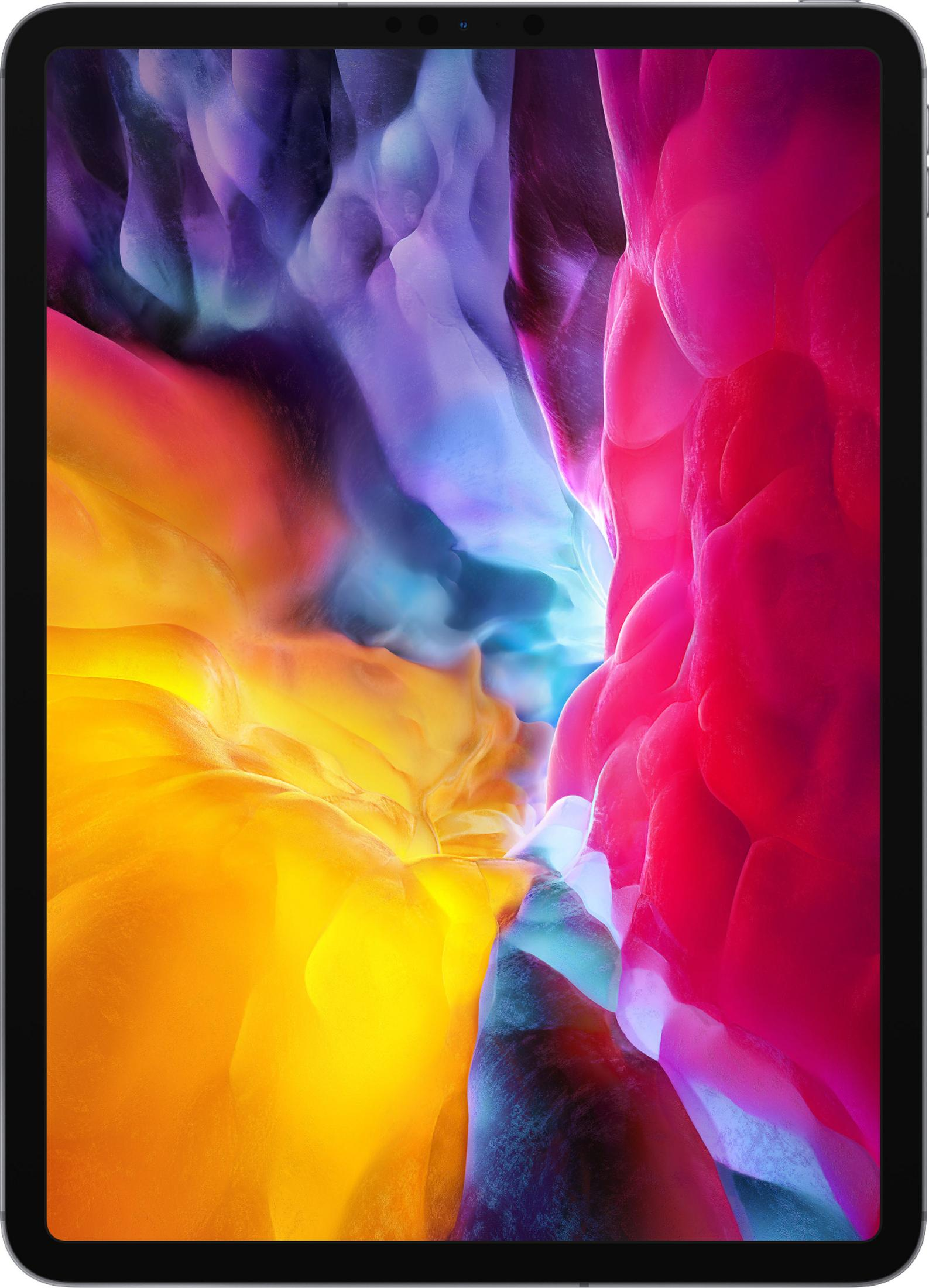 Un tablet mostra uno sfondo astratto colorato con onde gialle, rosa e blu.