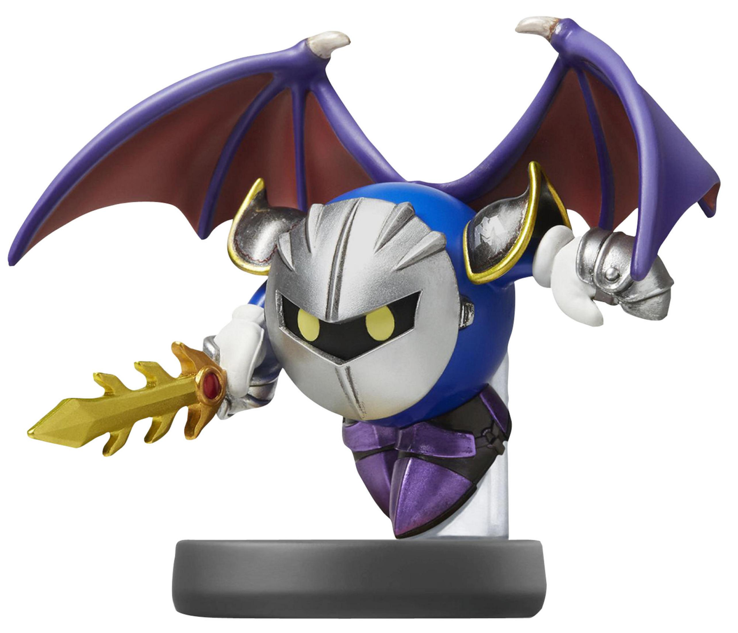 Eine Figur von Meta Knight mit lila Flügeln und einem Schwert auf einem Sockel.