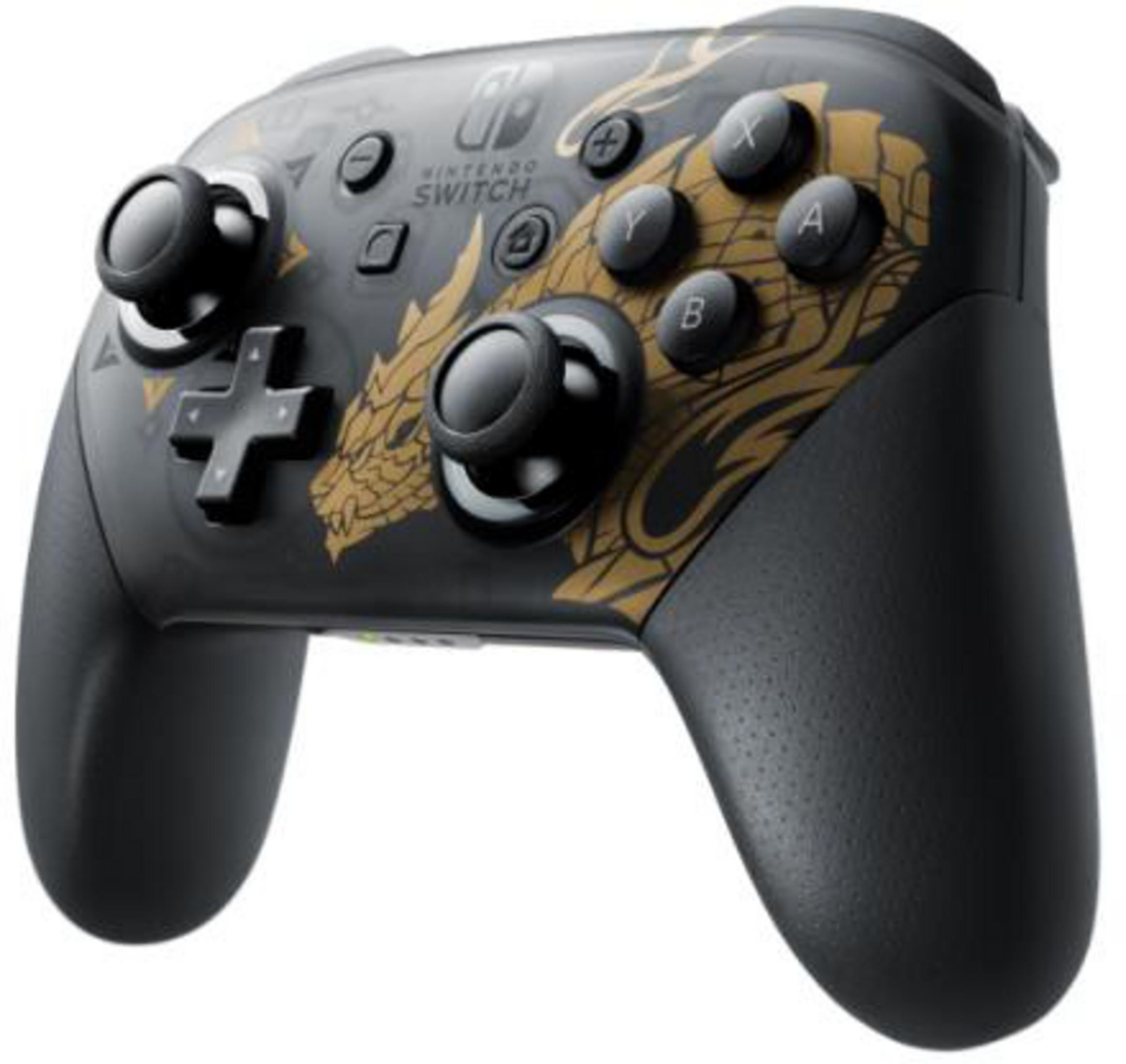 Ein schwarzer Nintendo Switch Pro Controller mit goldenem Drachenmuster.