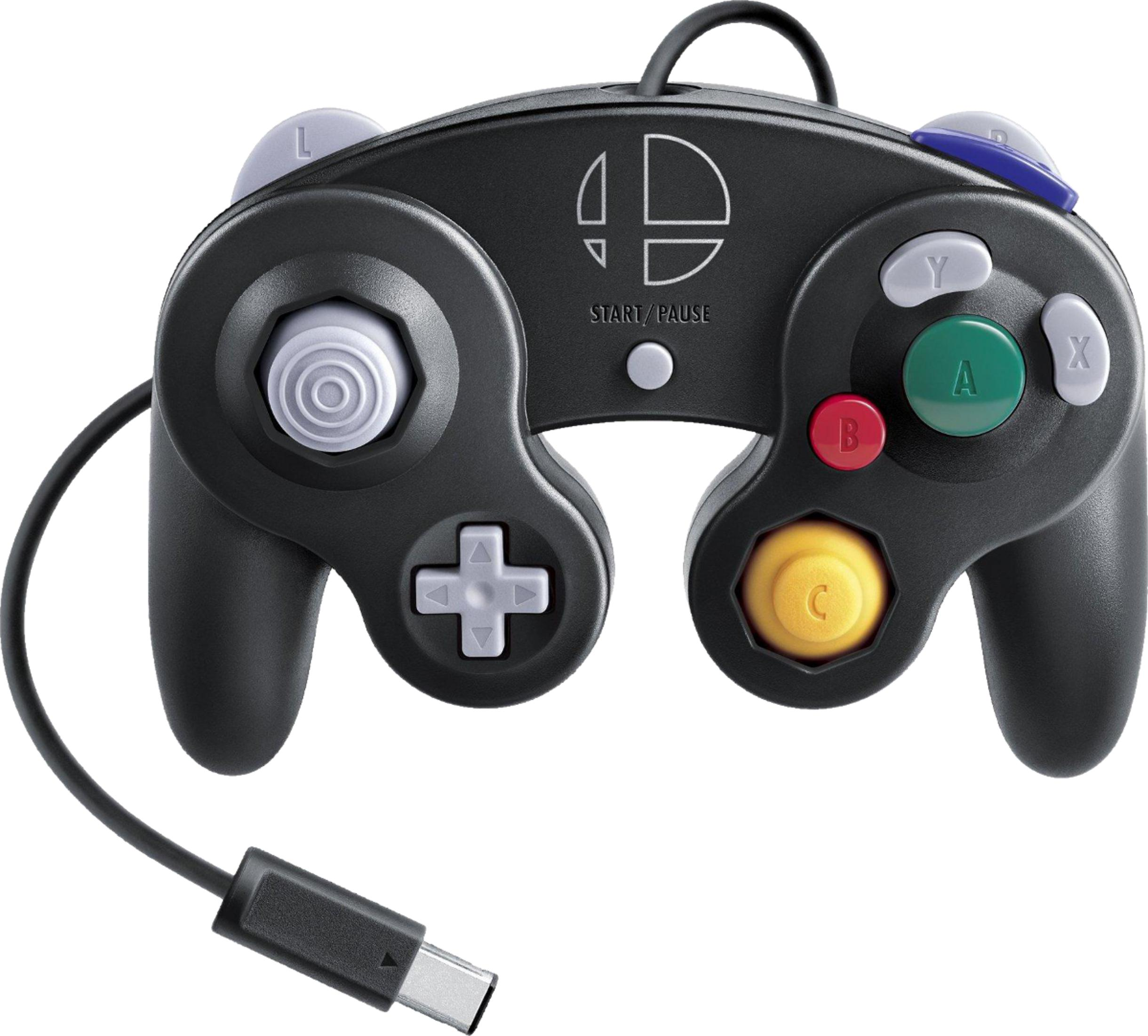 Czarny kontroler GameCube z logo Smash Bros. i kablem.