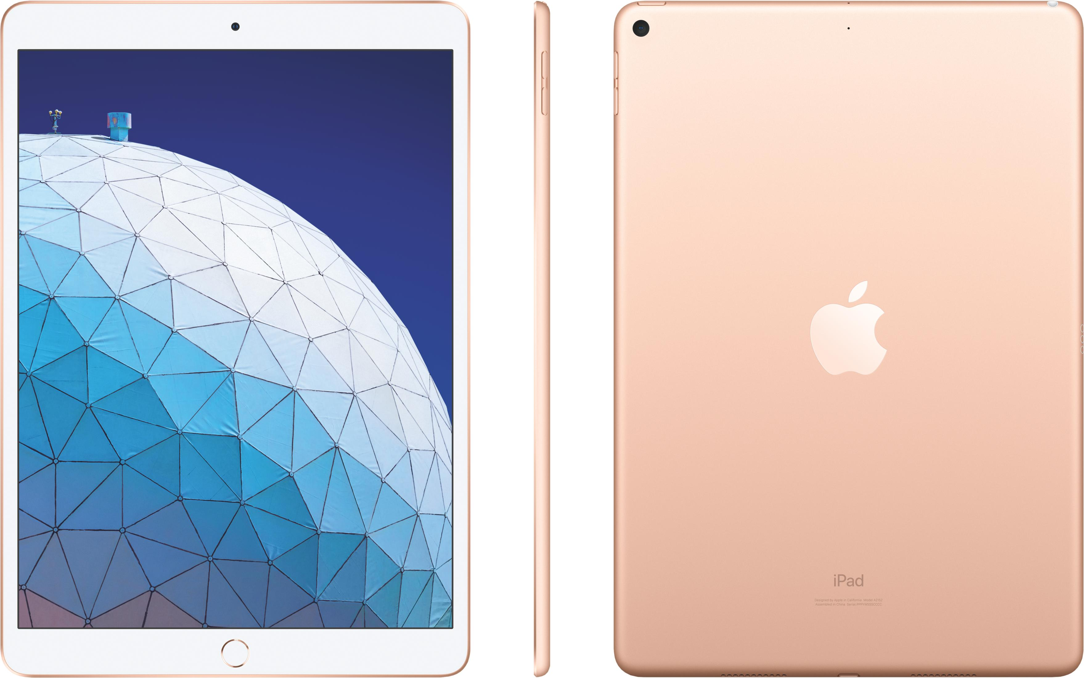 Ein roségoldenes iPad wird von vorne, seitlich und von hinten gezeigt.