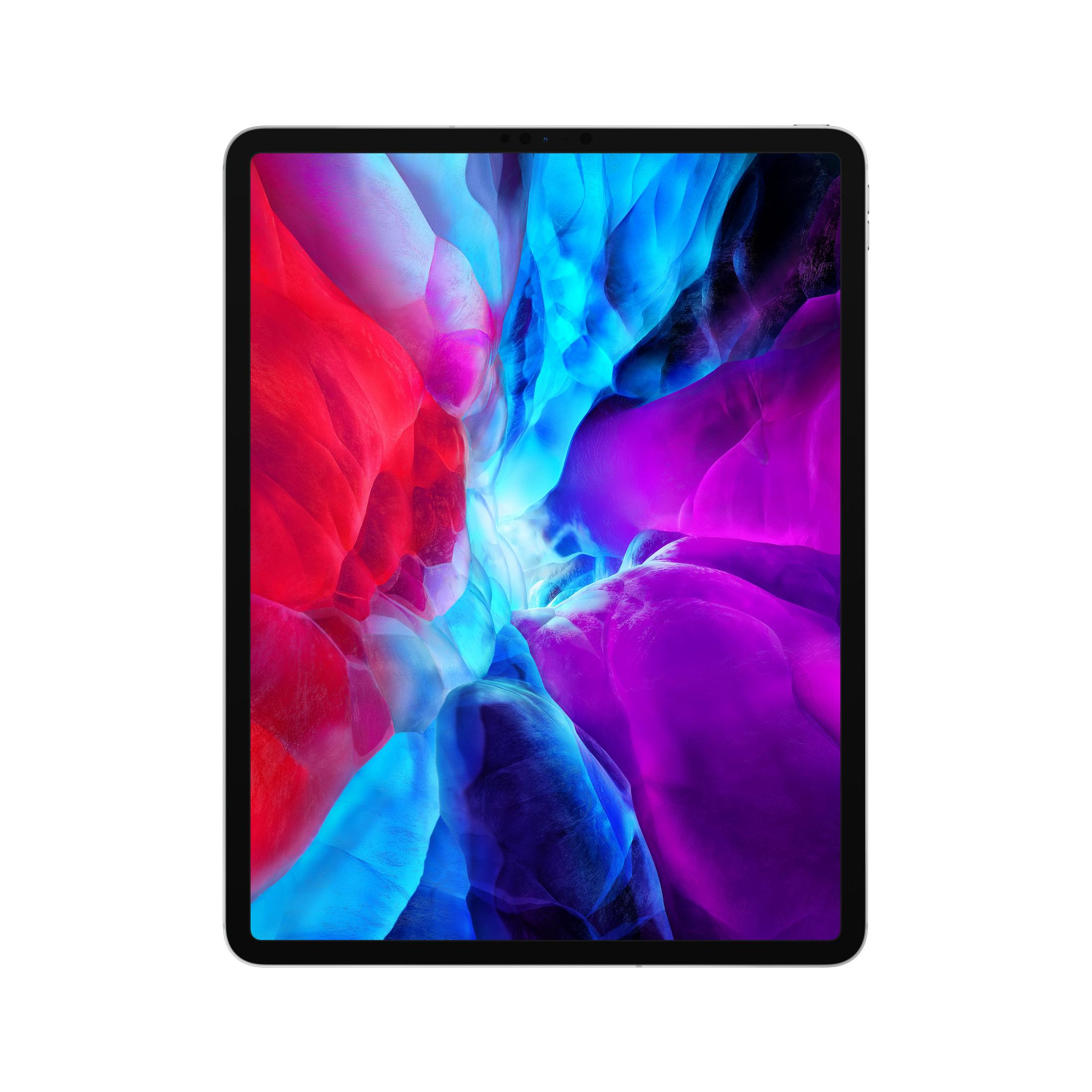 Un tablet argento con uno sfondo astratto colorato.
