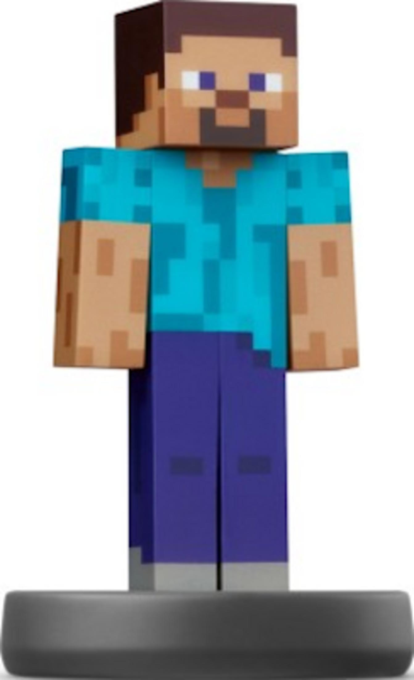 Eine Minecraft-Figur namens Steve mit blauer Tunika und Hosen auf einem grauen Sockel.
