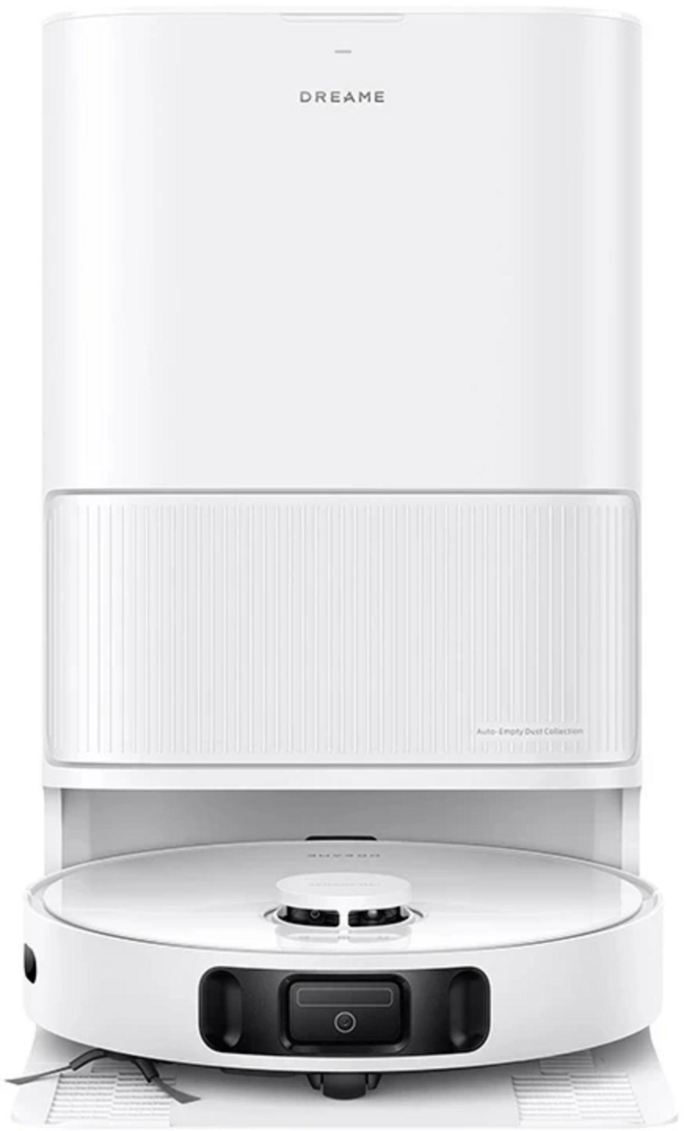 Biały robot sprzątający ze stacją ładującą i napisem 