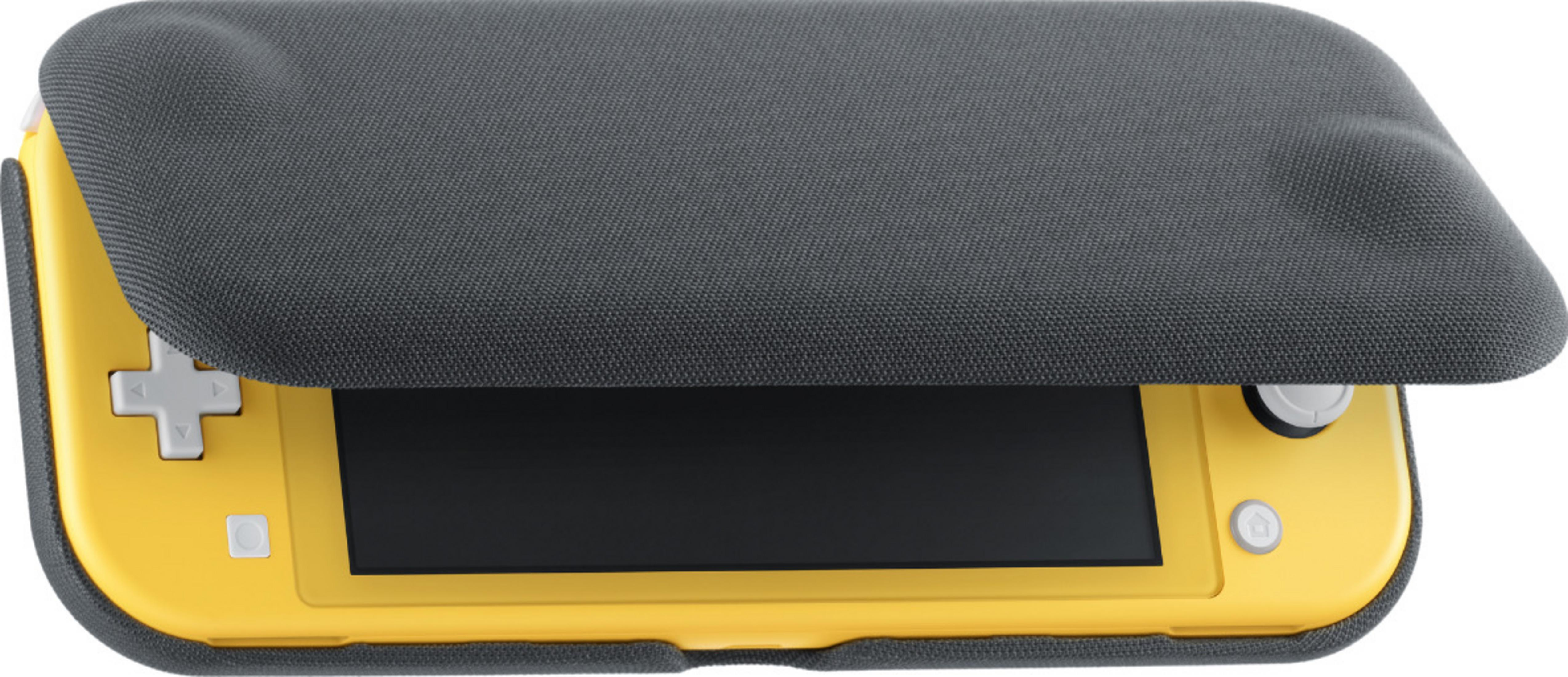 Nintendo Switch Lite amarillo dentro de una funda gris.