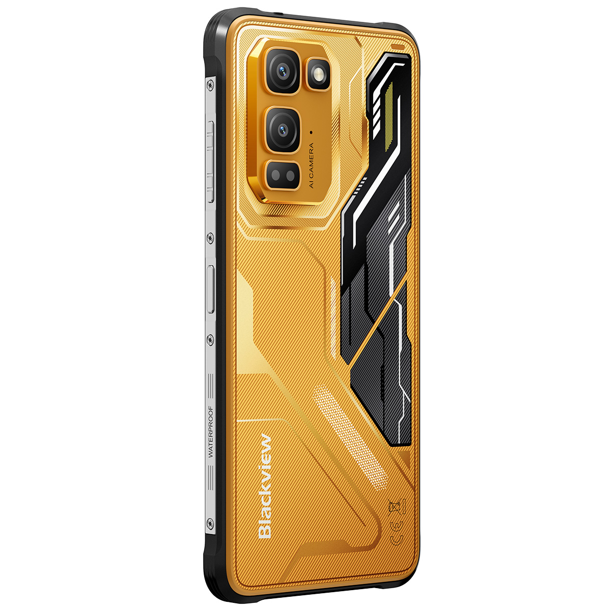 Złoty smartfon z czarno-srebrnym wzorem, moduł aparatu w lewym górnym rogu.