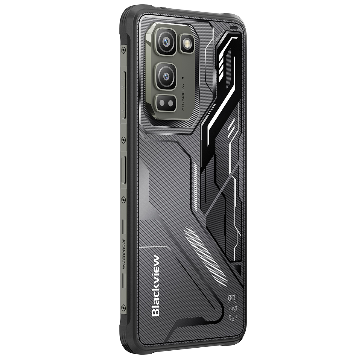 Czarne, wytrzymałe etui na telefon z modułem aparatu i napisem "WATERPROOF".