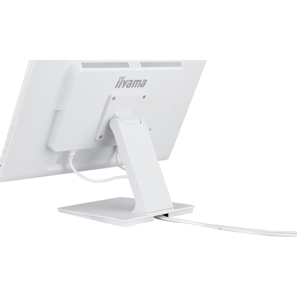 Die Rückseite eines weißen Monitors mit iiyama-Logo und Kabeln.