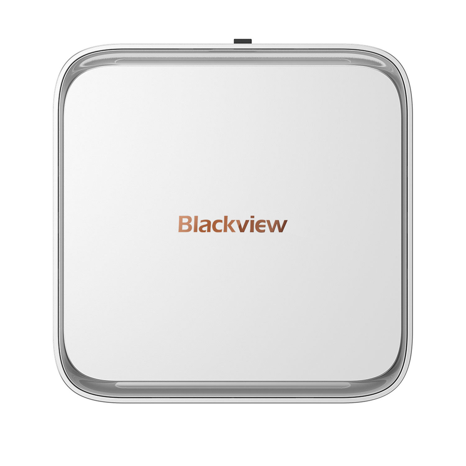 Un dispositivo Blackview blanco con esquinas redondeadas y un borde plateado.