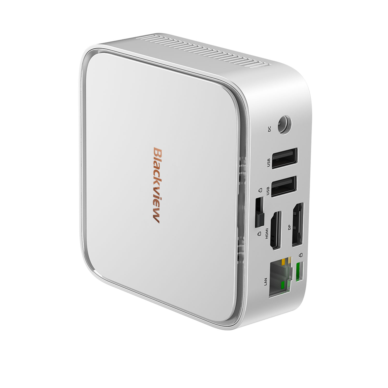 Un mini PC blanco y pequeño con logo de Blackview y varios puertos.