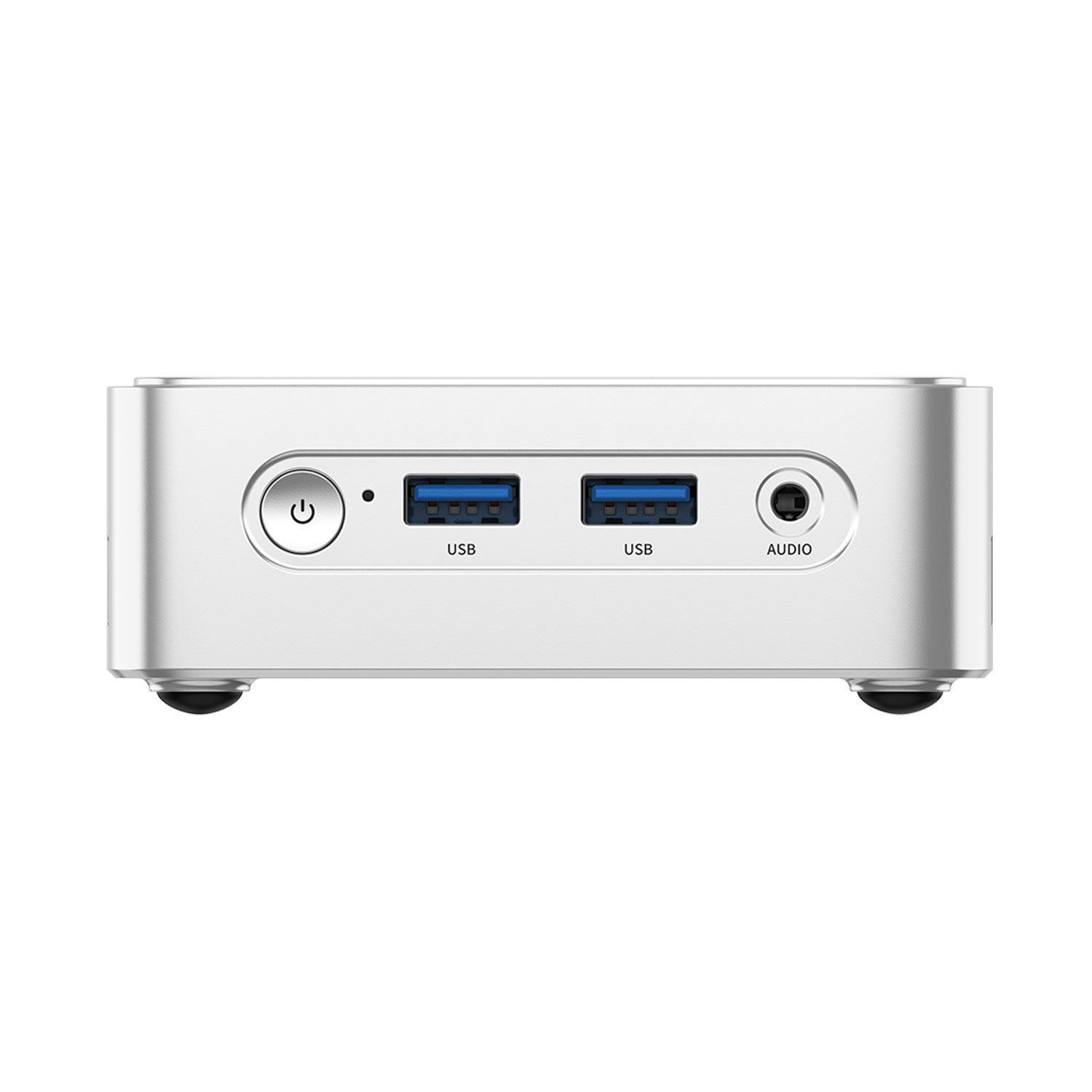 Mini PC plateado con botón de encendido, dos puertos USB y un conector de audio.