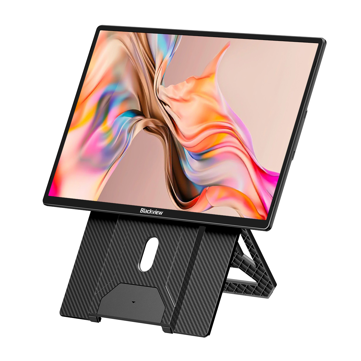 Una tablet Blackview en un soporte de fibra de carbono con fondo abstracto.