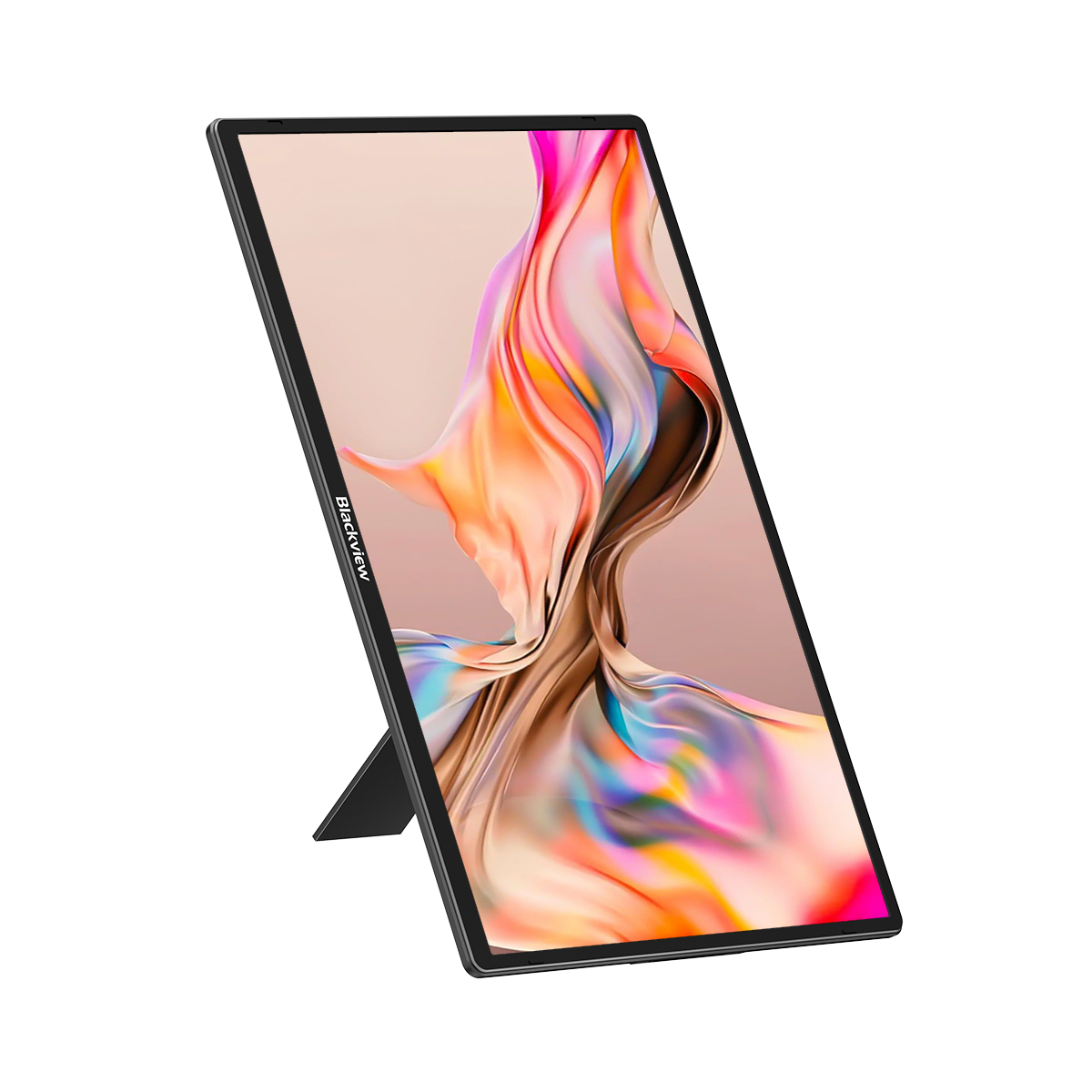 Una tableta negra con soporte, que muestra una imagen abstracta colorida.