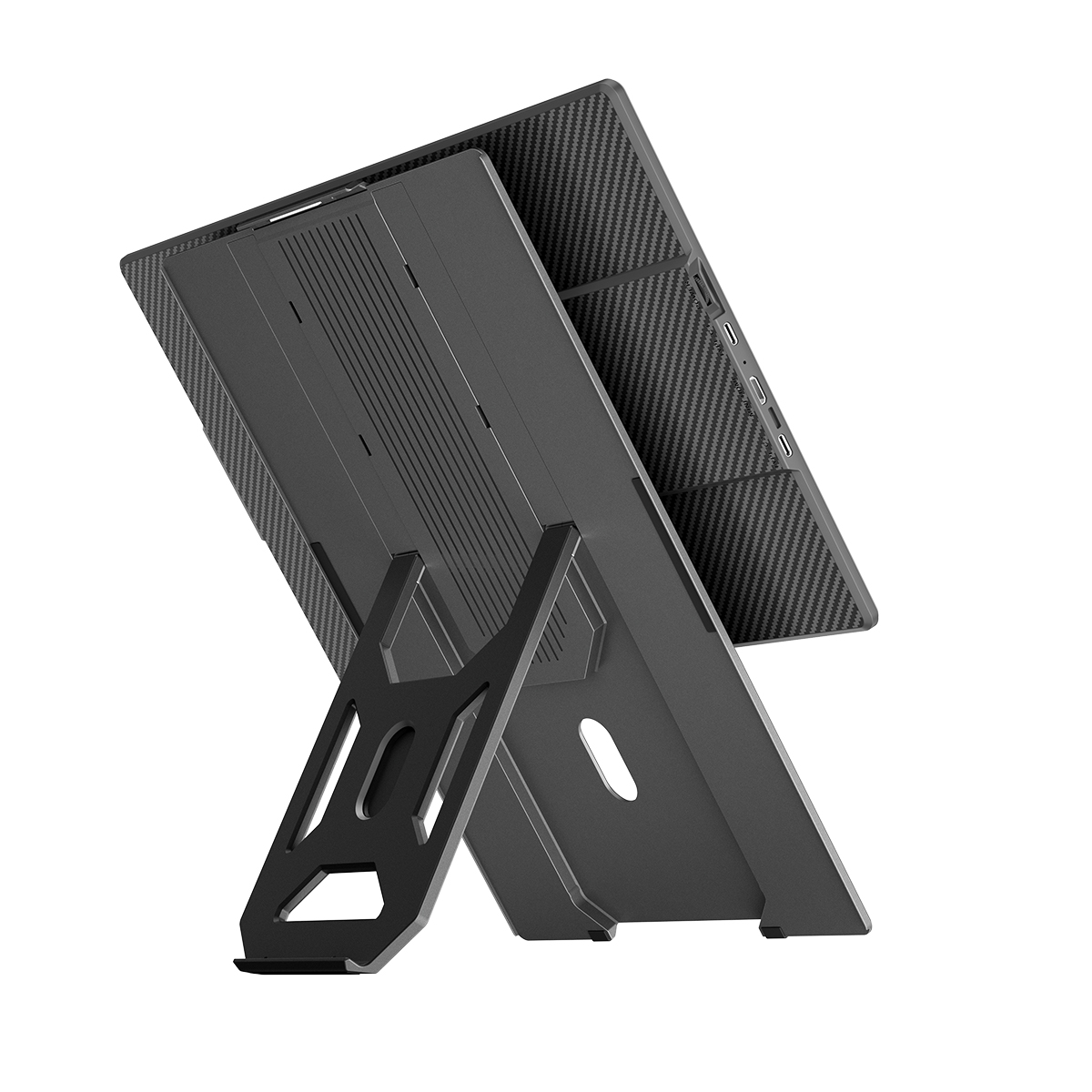 Ein dunkler Laptopständer mit gerillter Rückseite und Carbonmuster.