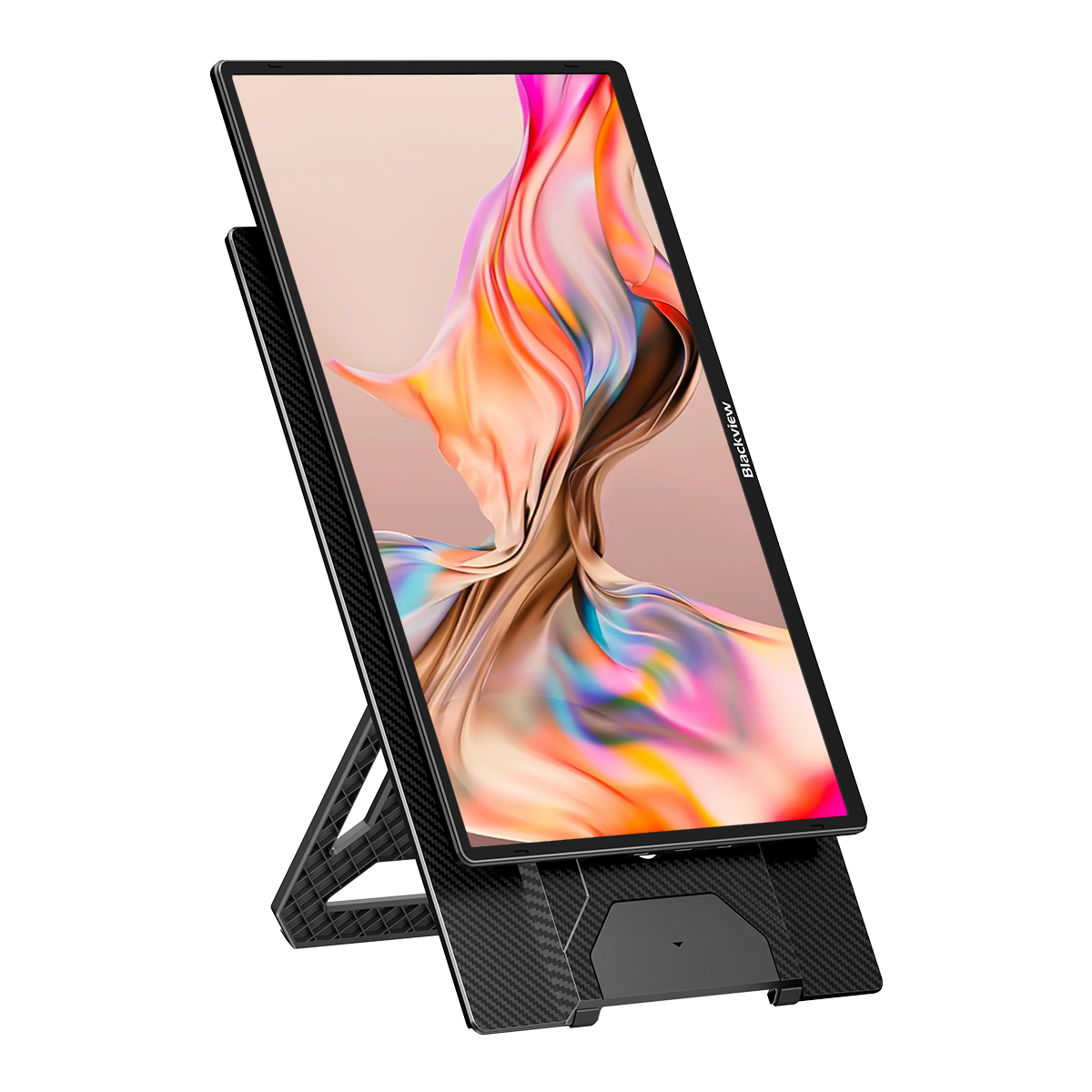 Un soporte negro para tableta con una tableta que muestra una imagen abstracta colorida.