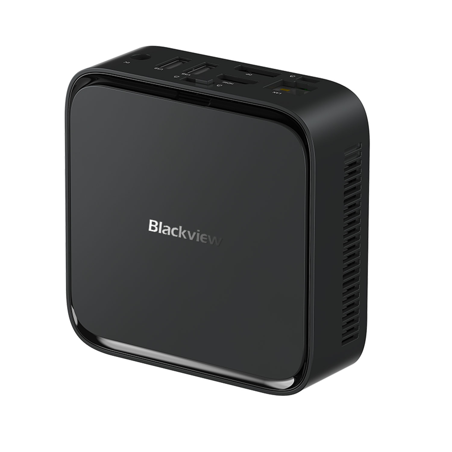 Mini PC Blackview negro con rejillas de ventilación y puertos arriba.