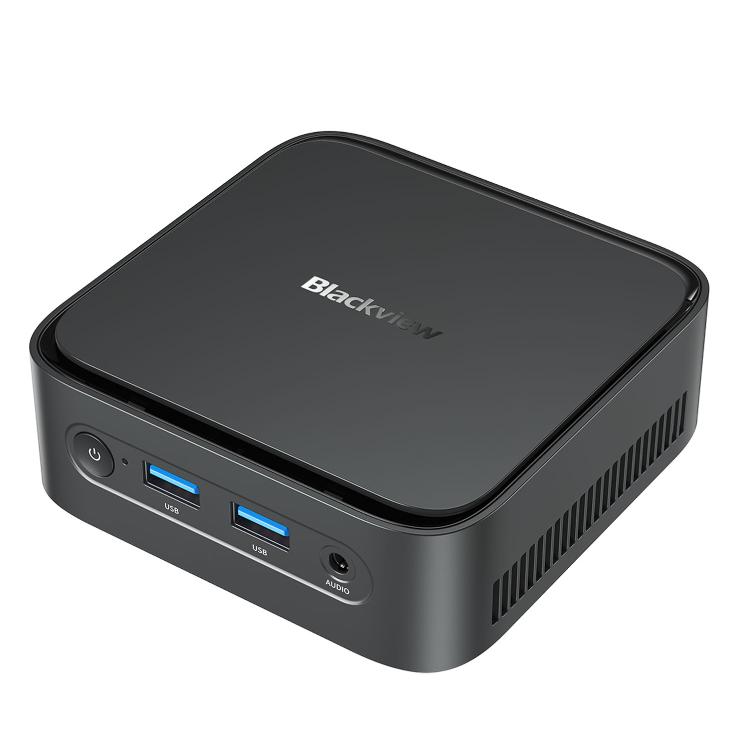 Un PC compacto negro Blackview con puertos USB y botón de encendido.