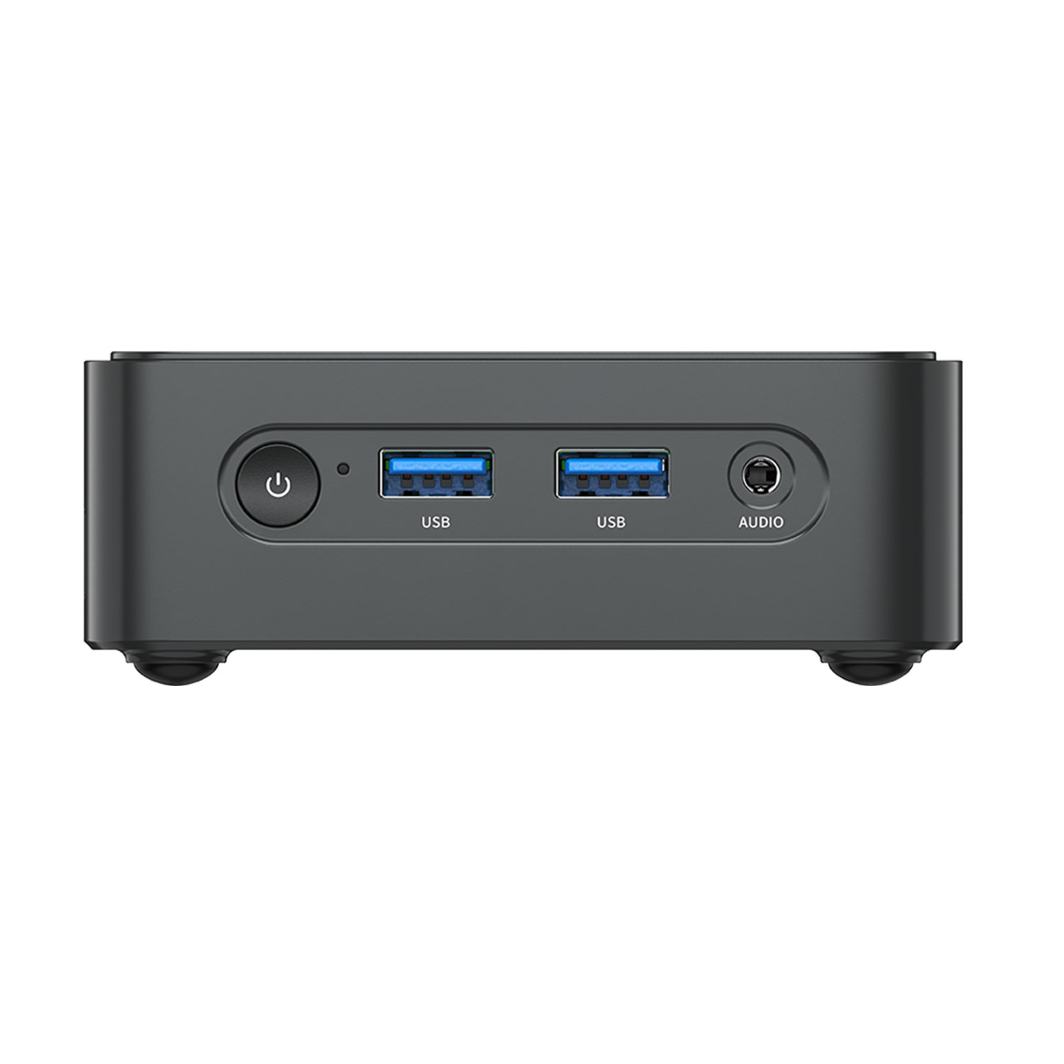 Un dispositivo rectangular oscuro con dos puertos USB, una toma de audio y un botón de encendido.