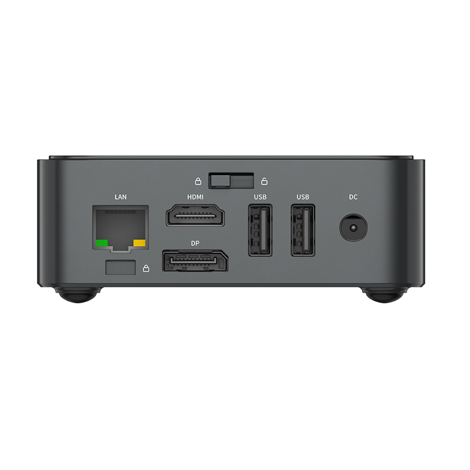 Parte trasera de un ordenador negro pequeño con puertos LAN, HDMI, DP, USB y DC.