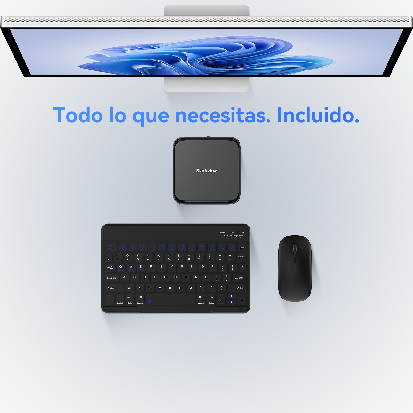 Una pantalla de ordenador con teclado, ratón y una caja negra pequeña.