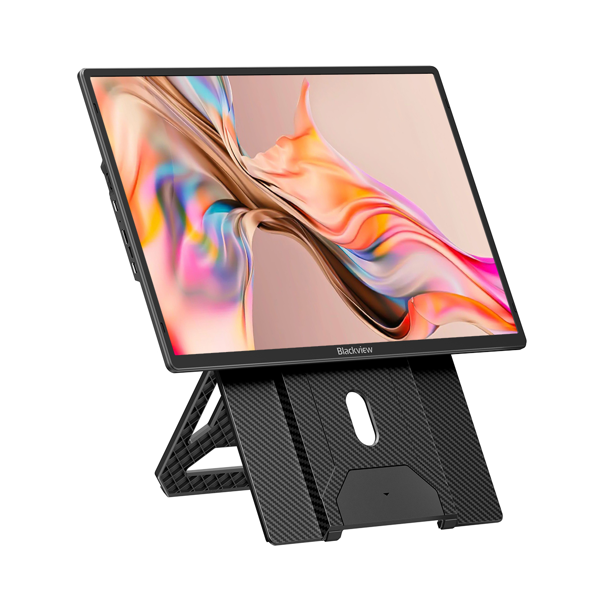 Un monitor Blackview negro en un soporte plegable de fibra de carbono, con fondo abstracto.