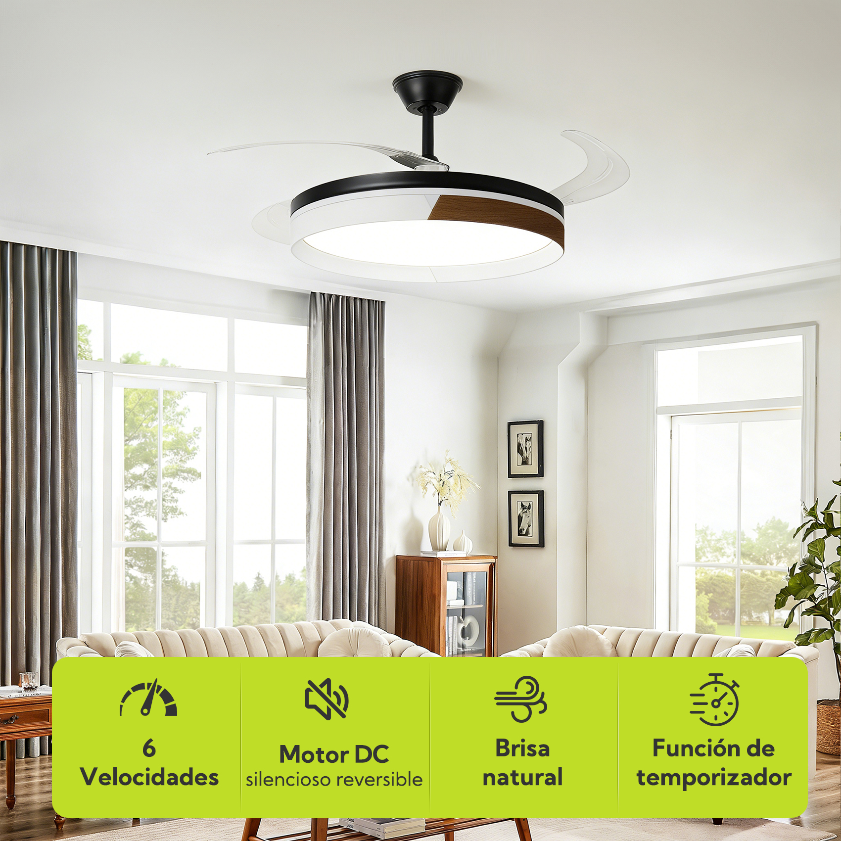 Ventilador de techo moderno con luz, sobre sofás y ventanas.