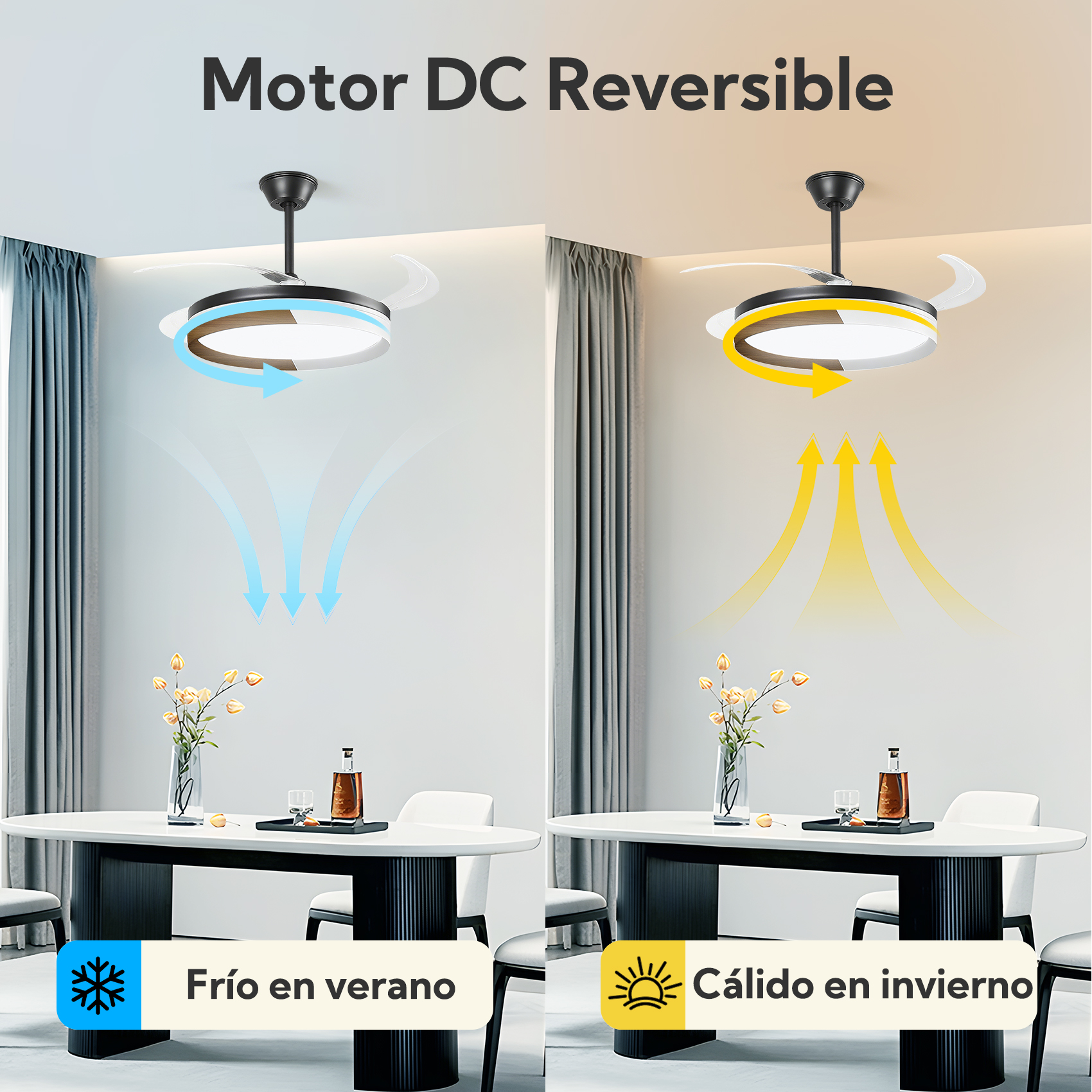 Ventilador de techo con luz muestra modos frío y calor.