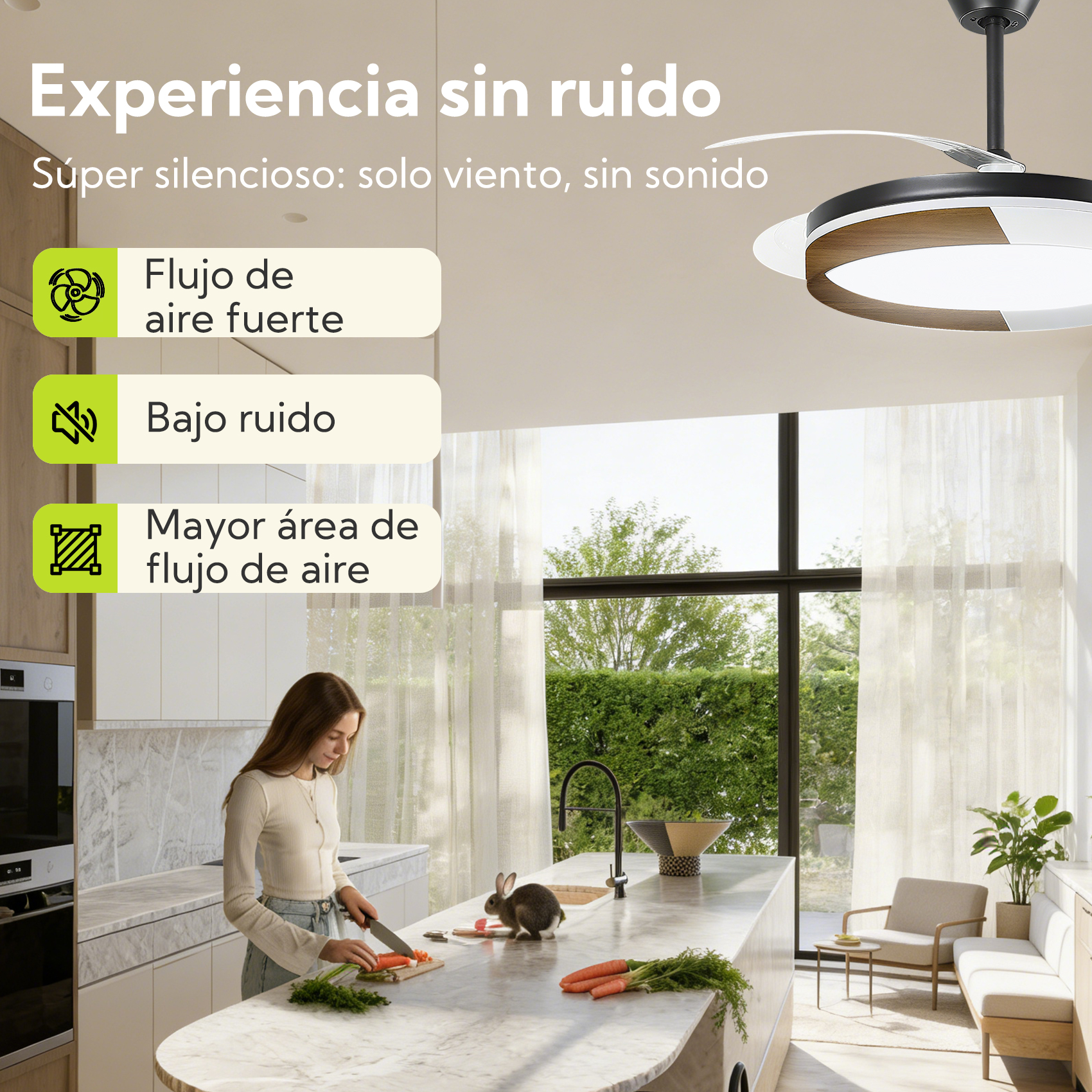 Cocina moderna con ventilador de techo, mujer cortando zanahorias, conejo en encimera.