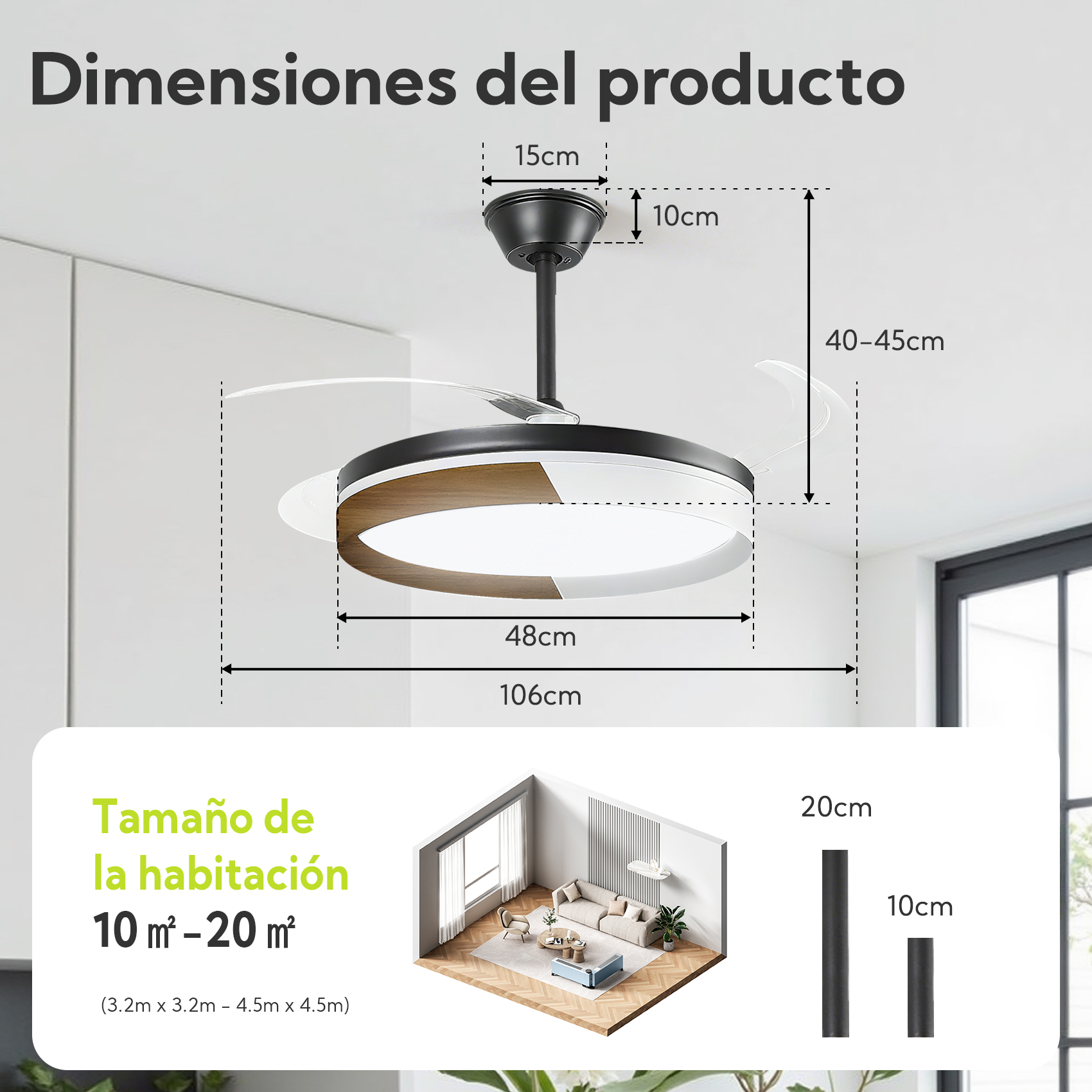 Dimensiones producto: Ventilador techo 48cm, alto 40-45cm. Para habitaciones de 10-20m².