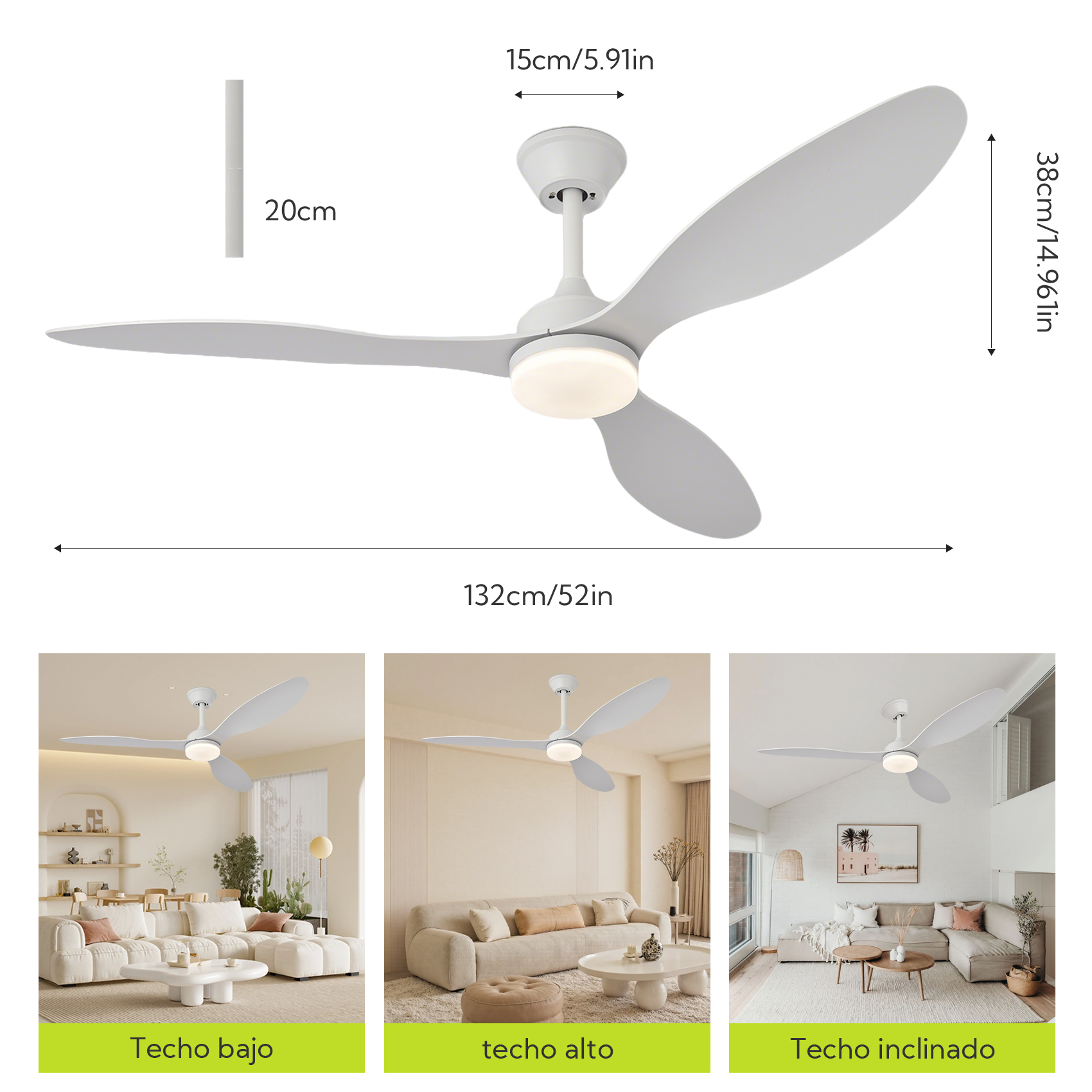 Ventilador de techo blanco moderno con luz integrada y dimensiones.