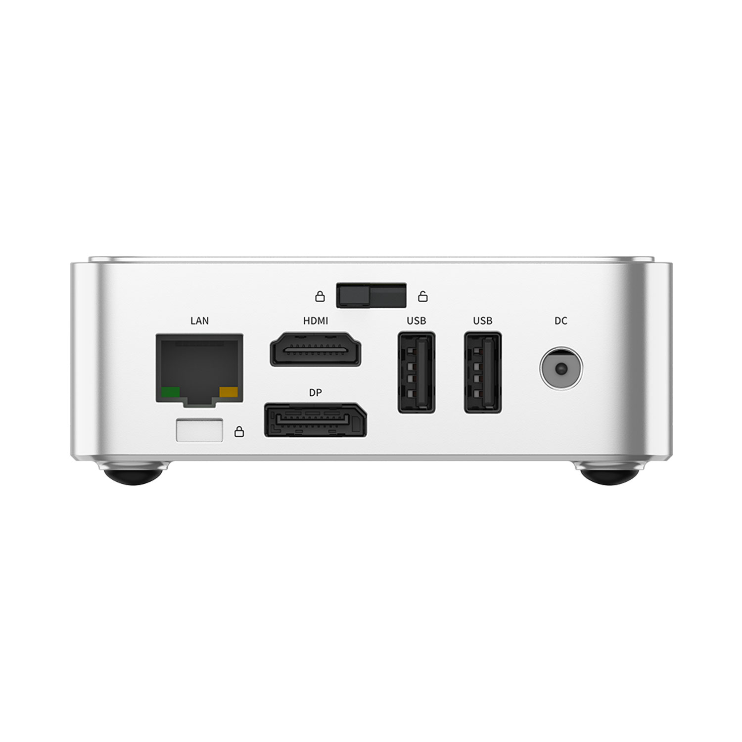 Panel trasero de mini PC plateado con LAN, HDMI, DP, 2x USB y puerto DC.