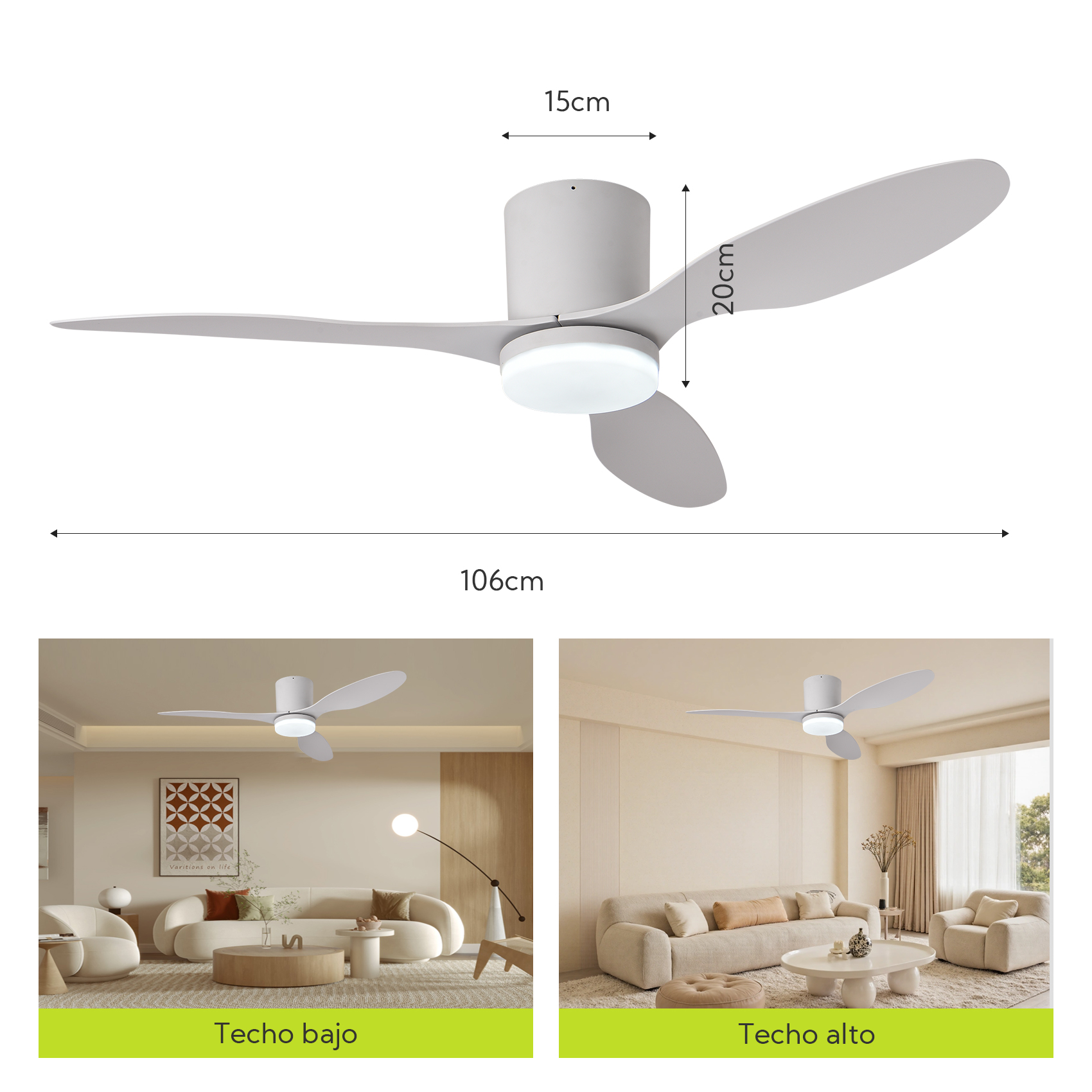 Un ventilador de techo gris con tres aspas y luz integrada.