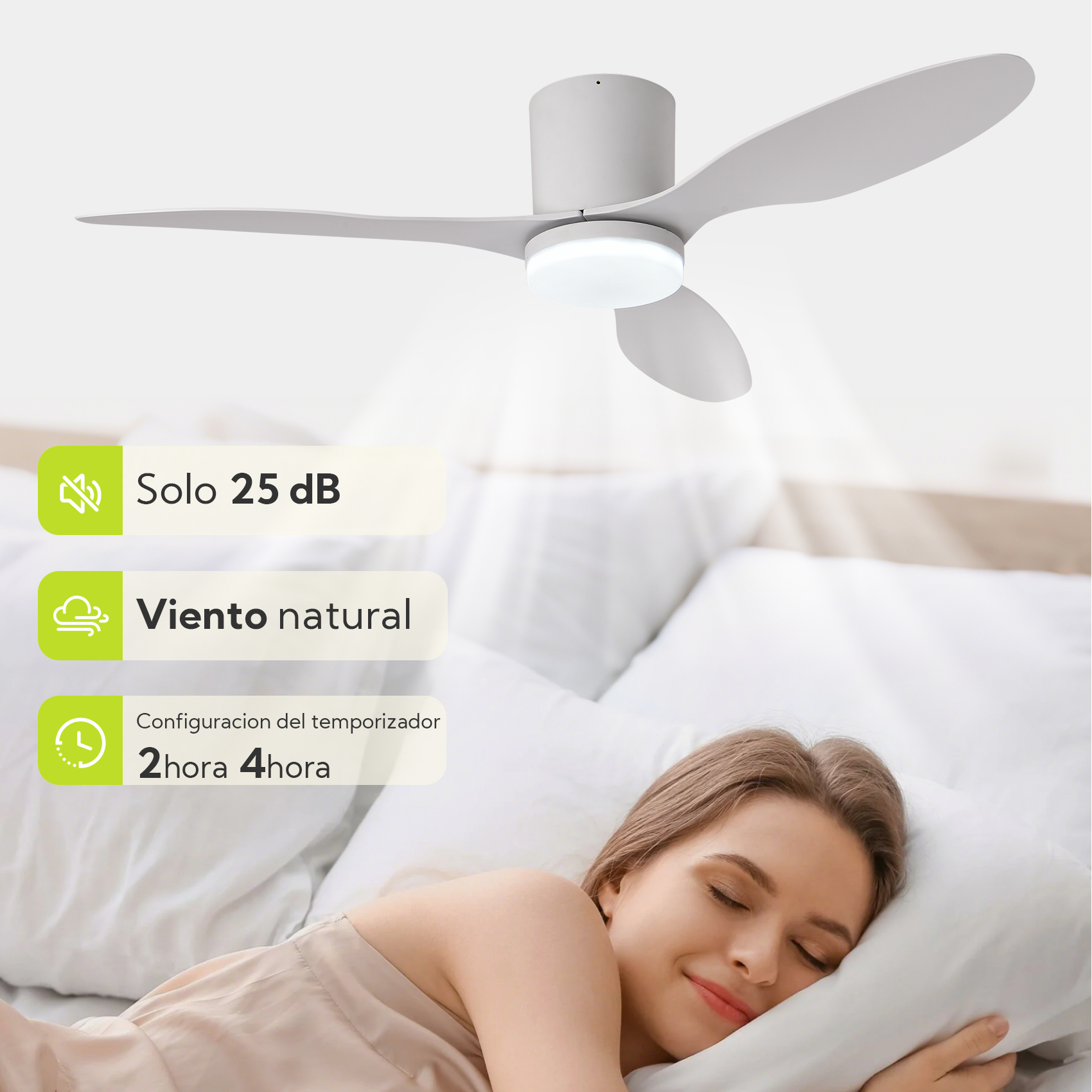 Ventilador de techo con luz sobre mujer durmiendo. "Solo 25 dB".