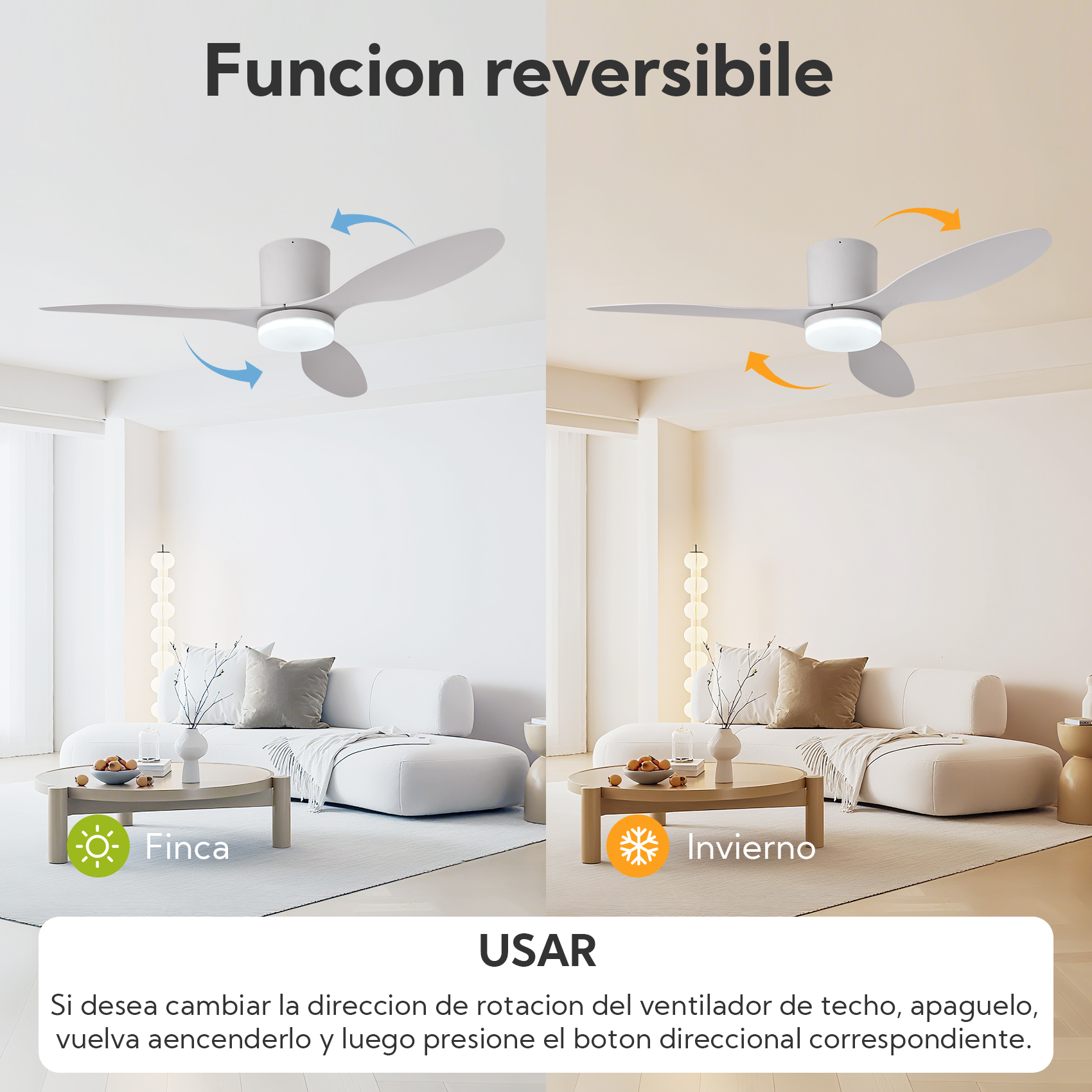 Ventilador de techo con flechas azules de verano y naranjas de invierno.
