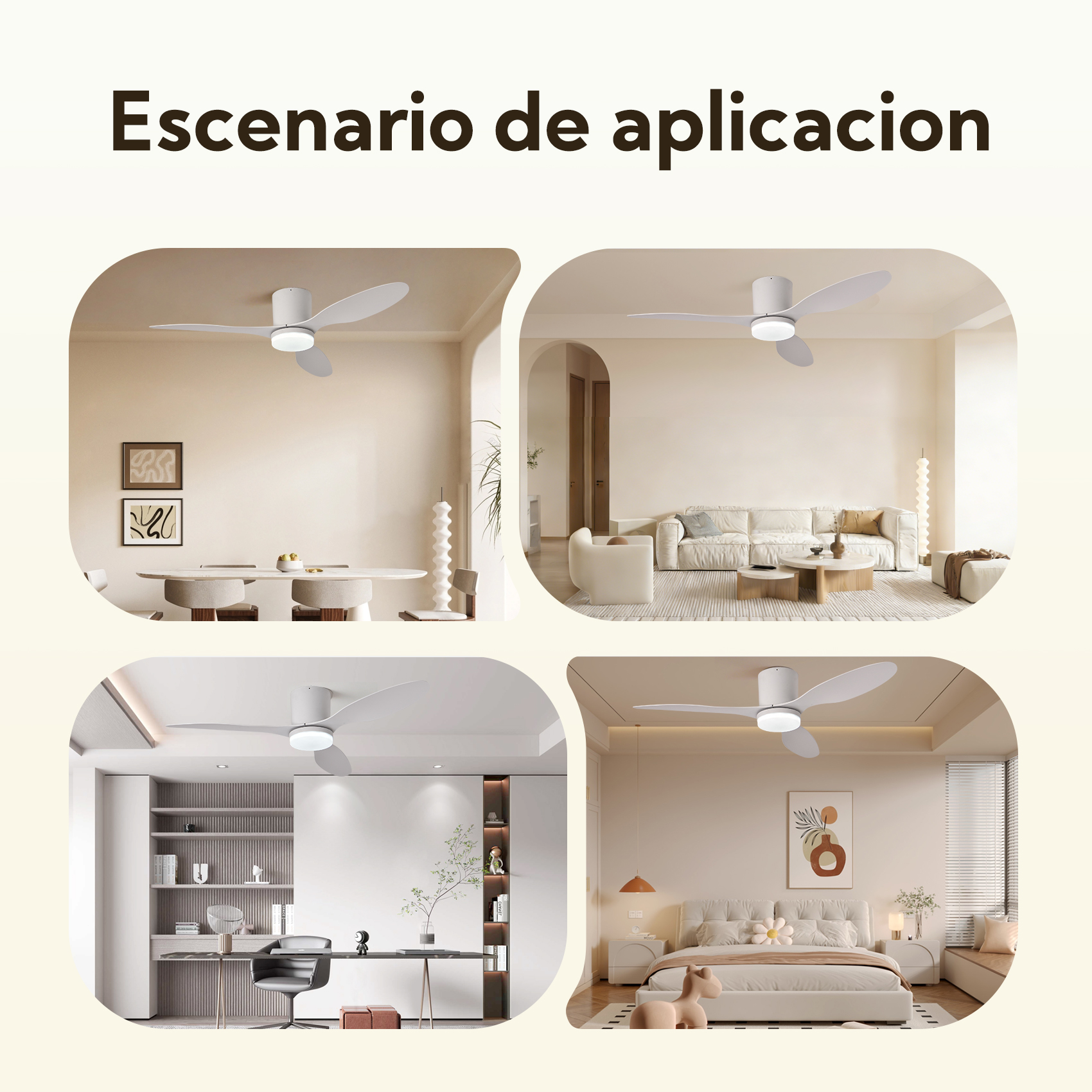 Ventiladores de techo en comedor, sala, oficina y dormitorio.