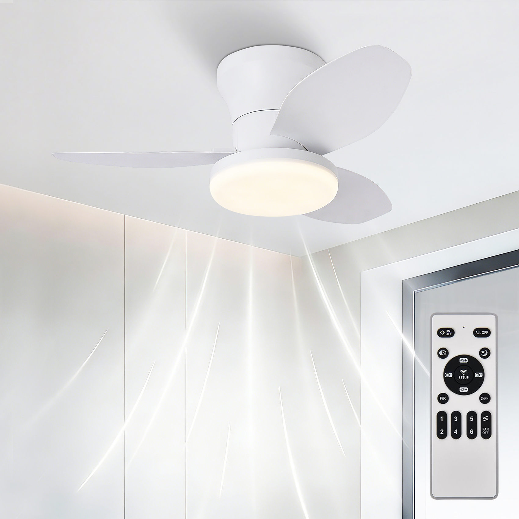 Un ventilador de techo blanco con luz y mando a distancia.